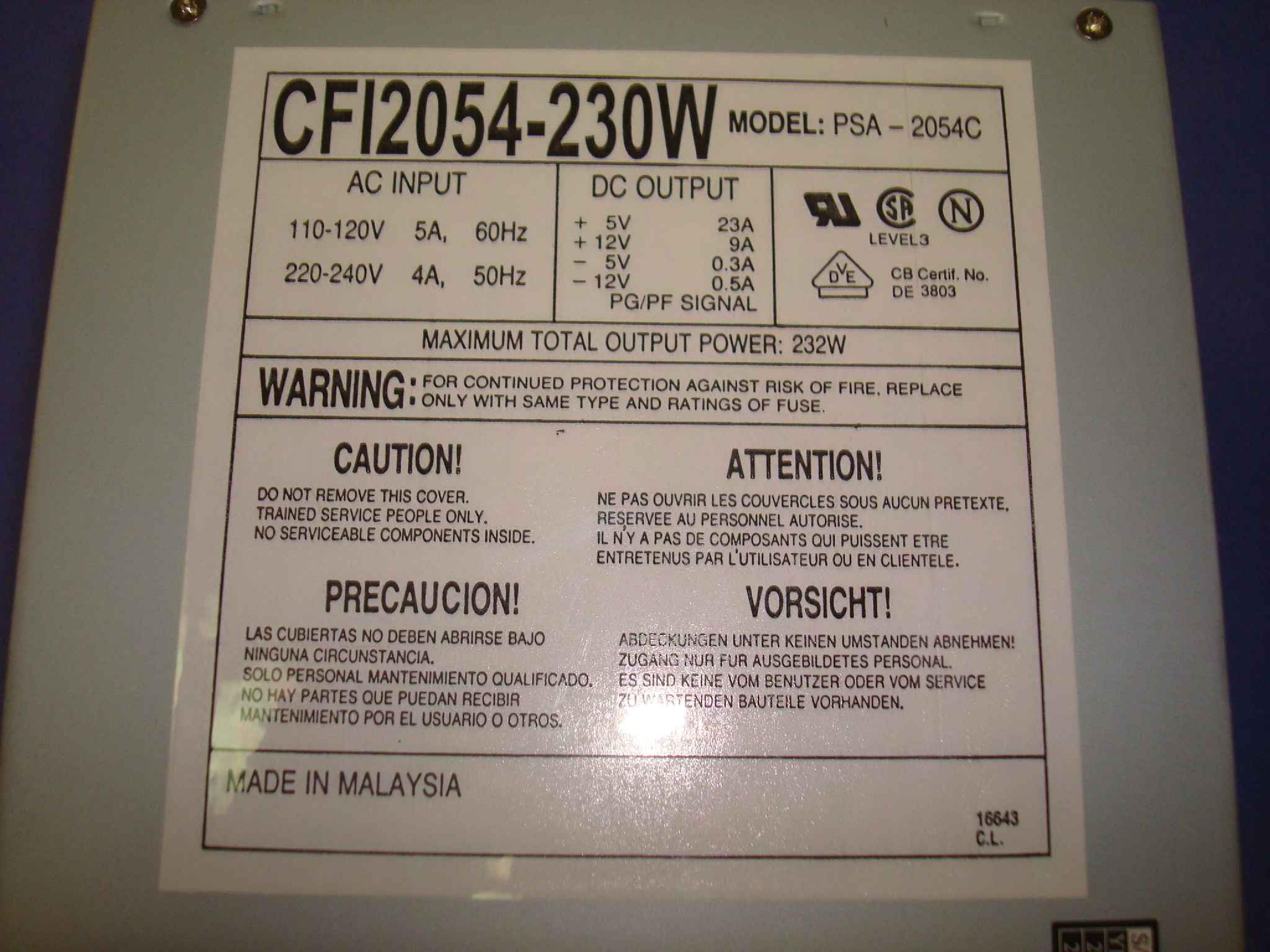 CFI CFI2054-C230W CLONE IN STOCK 232W AT POWER SUPPLY WITH SOLDERED SWITCH