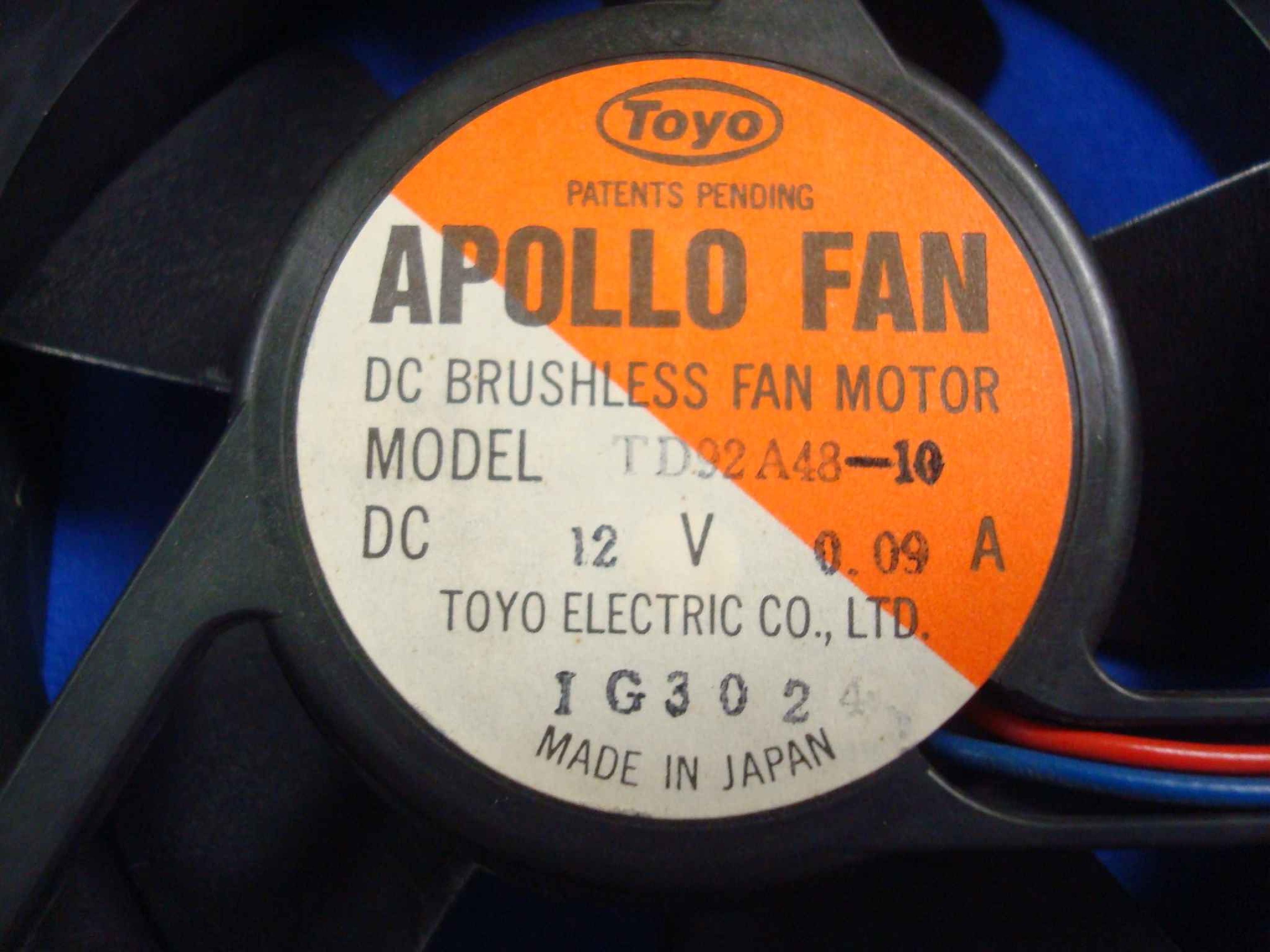 APOLLO TD92A48-10-CLONE CLONE IN STOCK, 12V DC FAN 0.09AMP 92MM BY 25MM, 3.5INCH BY 1 INCH