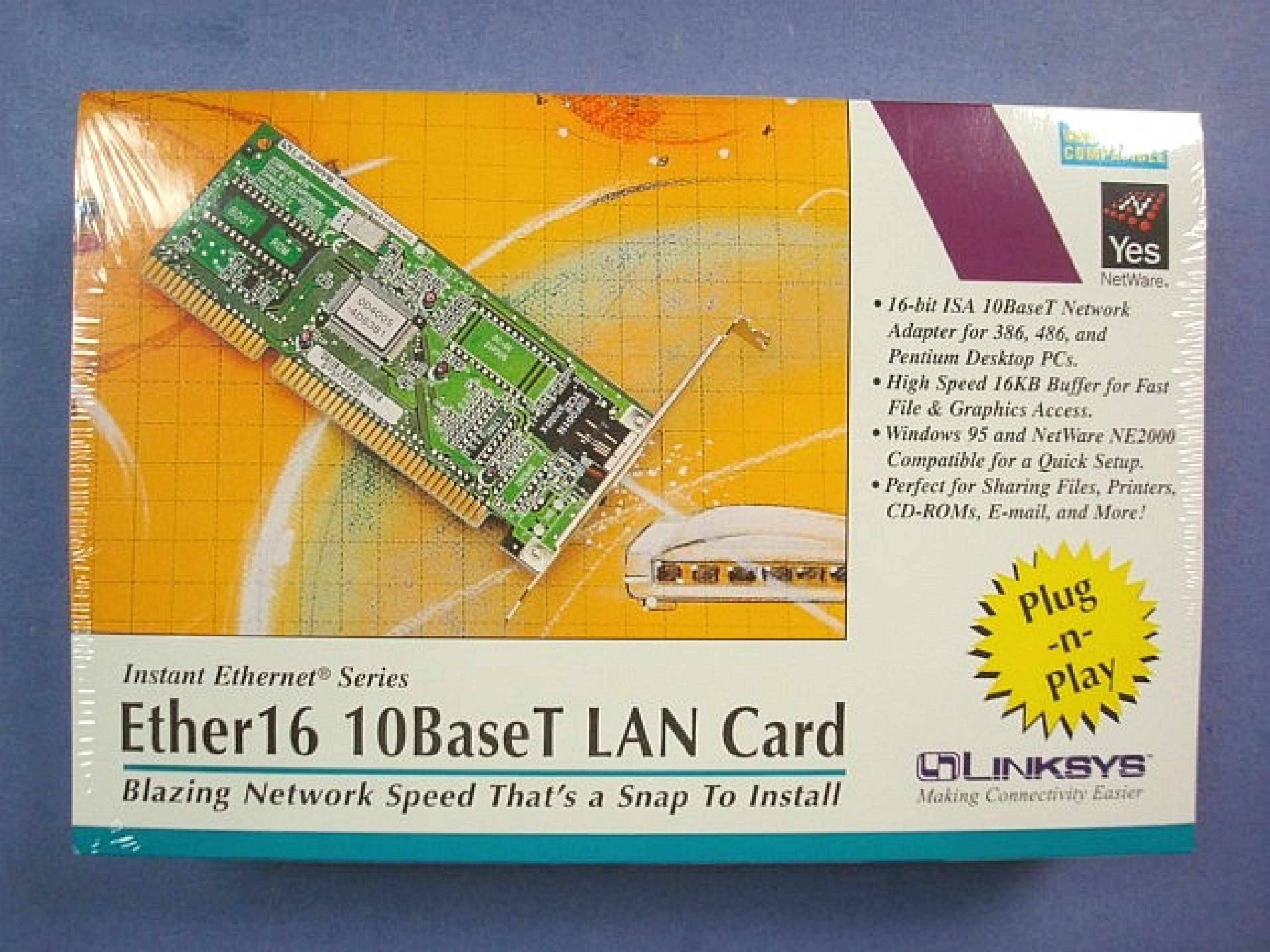 LINKSYS LNE2000T ETHER16 10BASET NE2000 ISA PNP OR NON-PNP COMPATIBLE