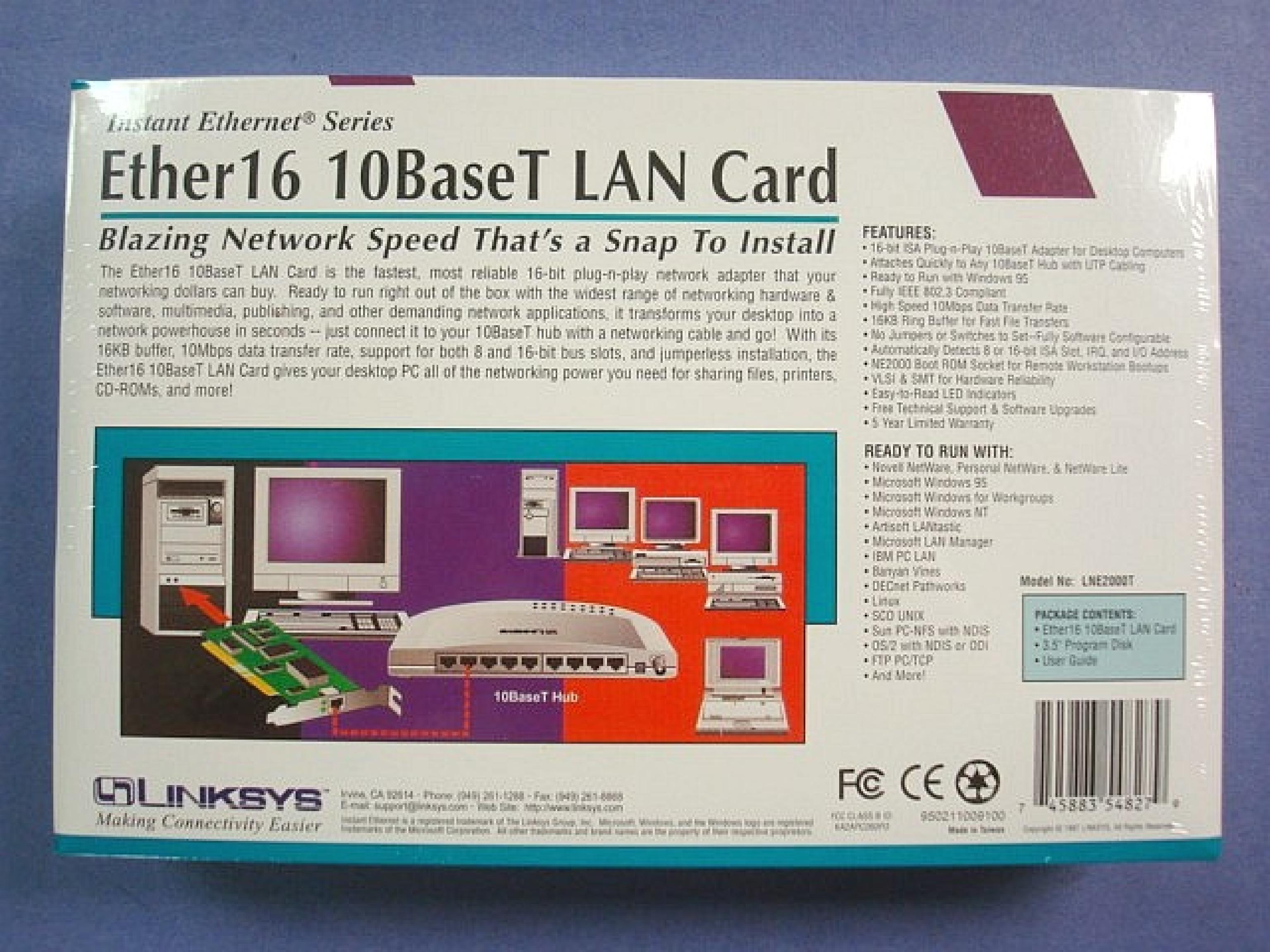 LINKSYS LNE2000T ETHER16 10BASET NE2000 ISA PNP OR NON-PNP COMPATIBLE