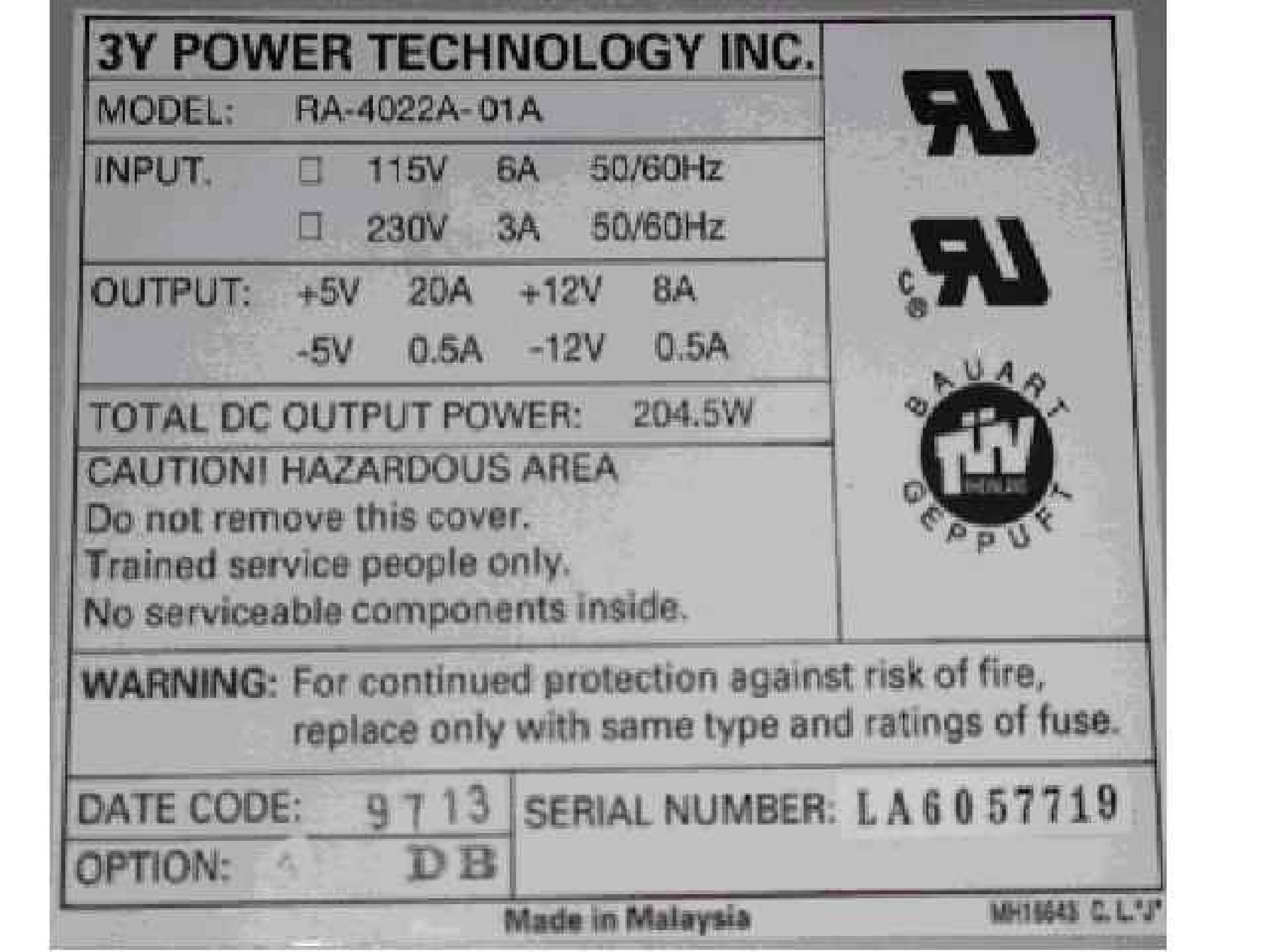 3Y POWER TECHNOLOGY INC RA-4022A-01A CLONE POWER SUPPLY