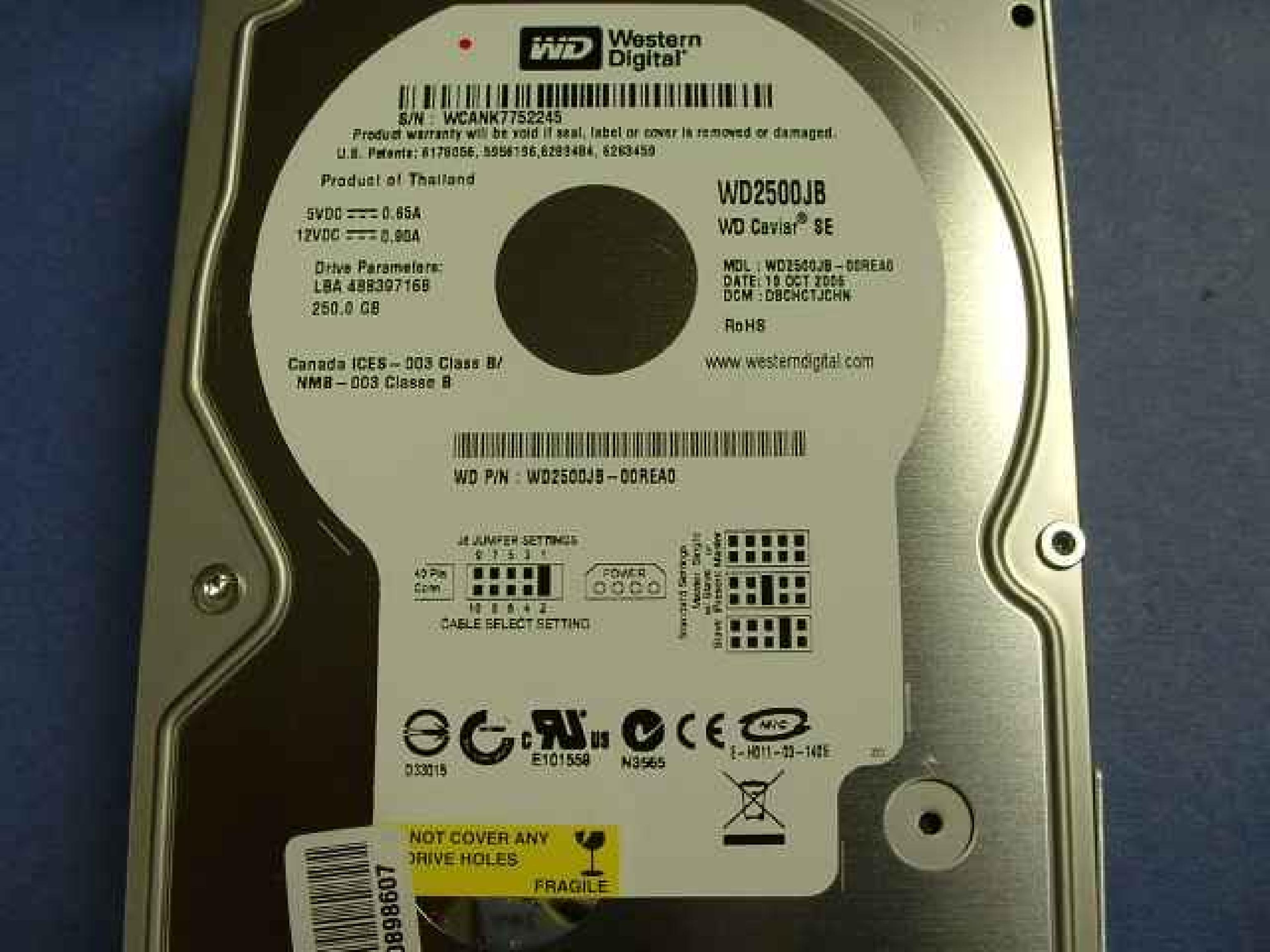 WESTERN DIGITAL / WD WD2500JB-000RE0 250GB EXTERNAL USB 2.0 DRIVE WITHOUT POWER SUPPLY DCM:DBCHCTJCHN LBA 488397168