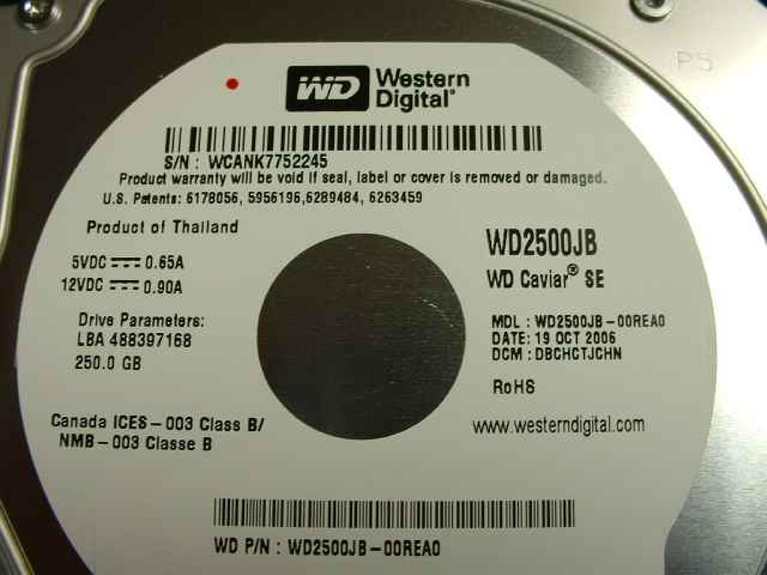 WESTERN DIGITAL / WD WD2500JB-000RE0 250GB EXTERNAL USB 2.0 DRIVE WITHOUT POWER SUPPLY DCM:DBCHCTJCHN LBA 488397168