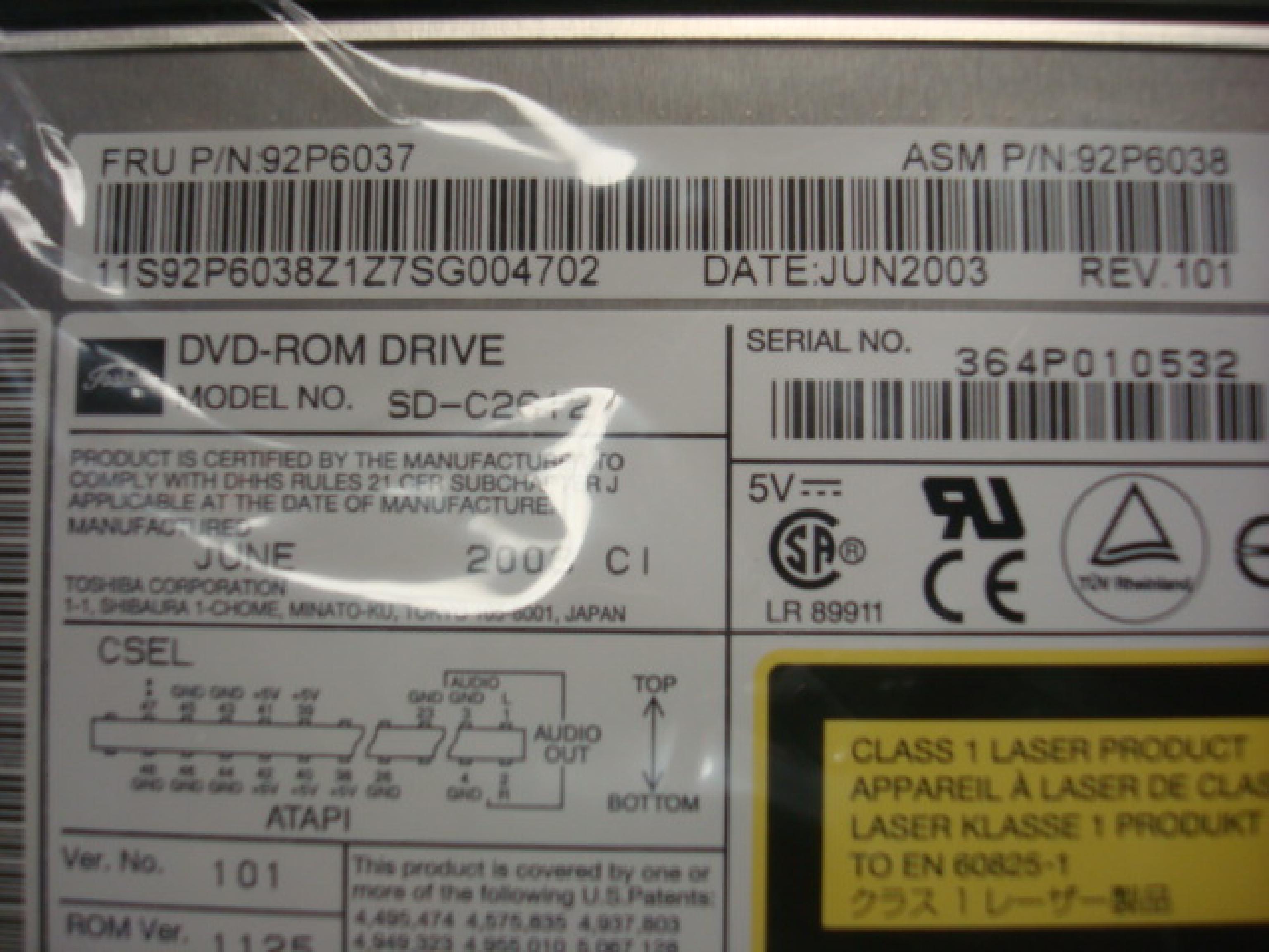 TOSHIBA SD-C2612 SLIM DVD DRIVE FOR NOTEBOOK 8X BLACK BEZEL