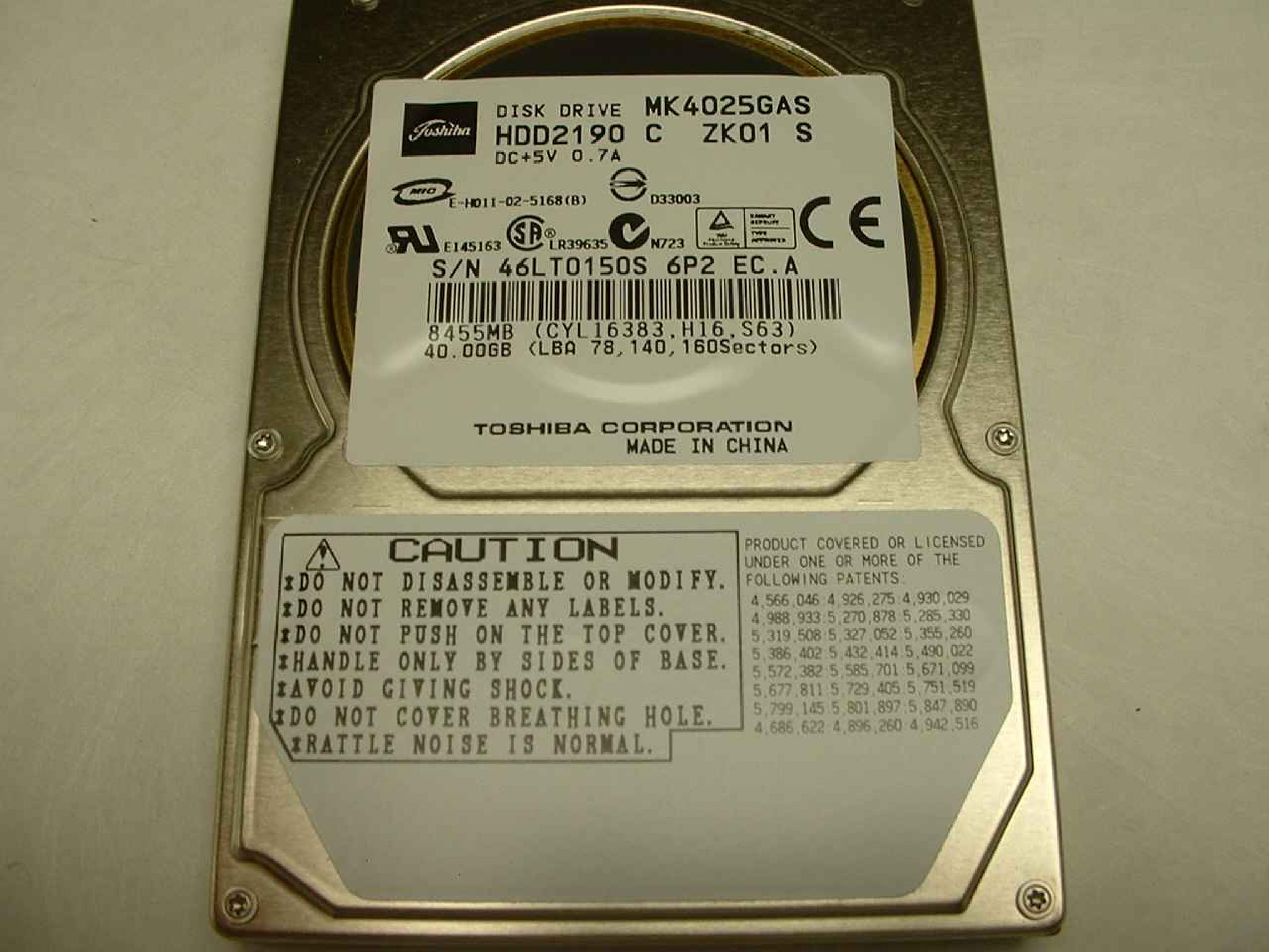 TOSHIBA MK4025GAS 40GB 2.5 INCH DRIVE C ZK01 S 610 A0/KA100A