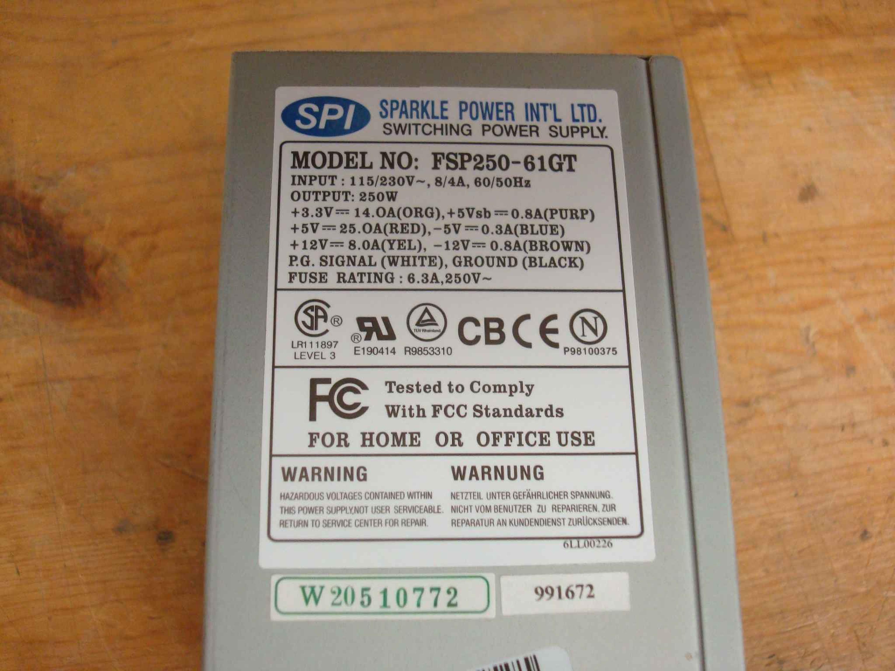 FSP GROUP / SPARKLE POWER INTL LTD / POWER MAN / YATE LOON / AOPEN / ACER FSP250-61GT 20PIN ATX POWER SUPPLY WITH REAR SWITCH