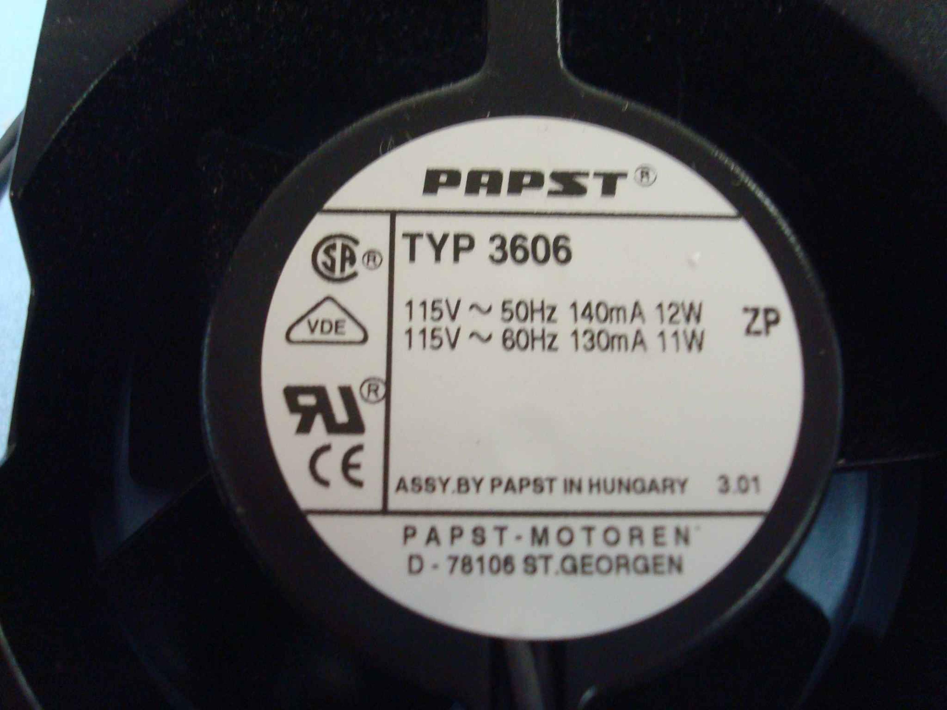 PAPST TYP3606 FAN AC 115V ~ 50HZ 140MA 12W, 115V ~ 60HZ 130MA 11W, 92MM BY 38MM, 3 5/8 BY 1 1/2 INCHES, 12 INCH 2 WIRE CABLE WITH NO CONNECTOR