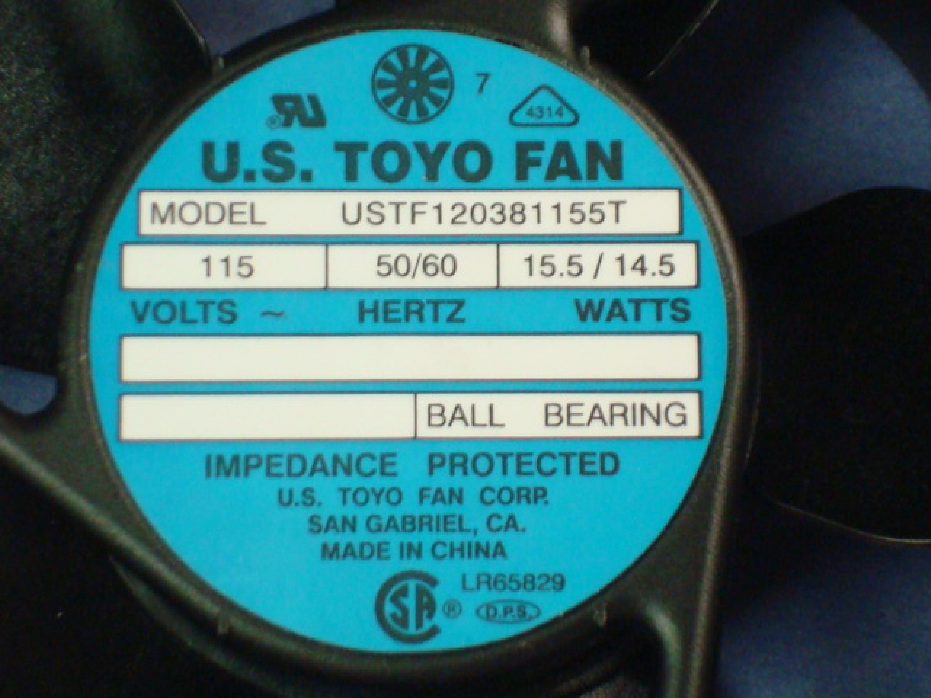 U.S. TOYO FAN USTF120381155T FAN 115V AC 50/60 HZ 15.5/14.5 WATTS, 120MM BY 38MM, 4 11/16 BY 1 1/2 INCHES, 2 LEADS WITHOUT WIRES