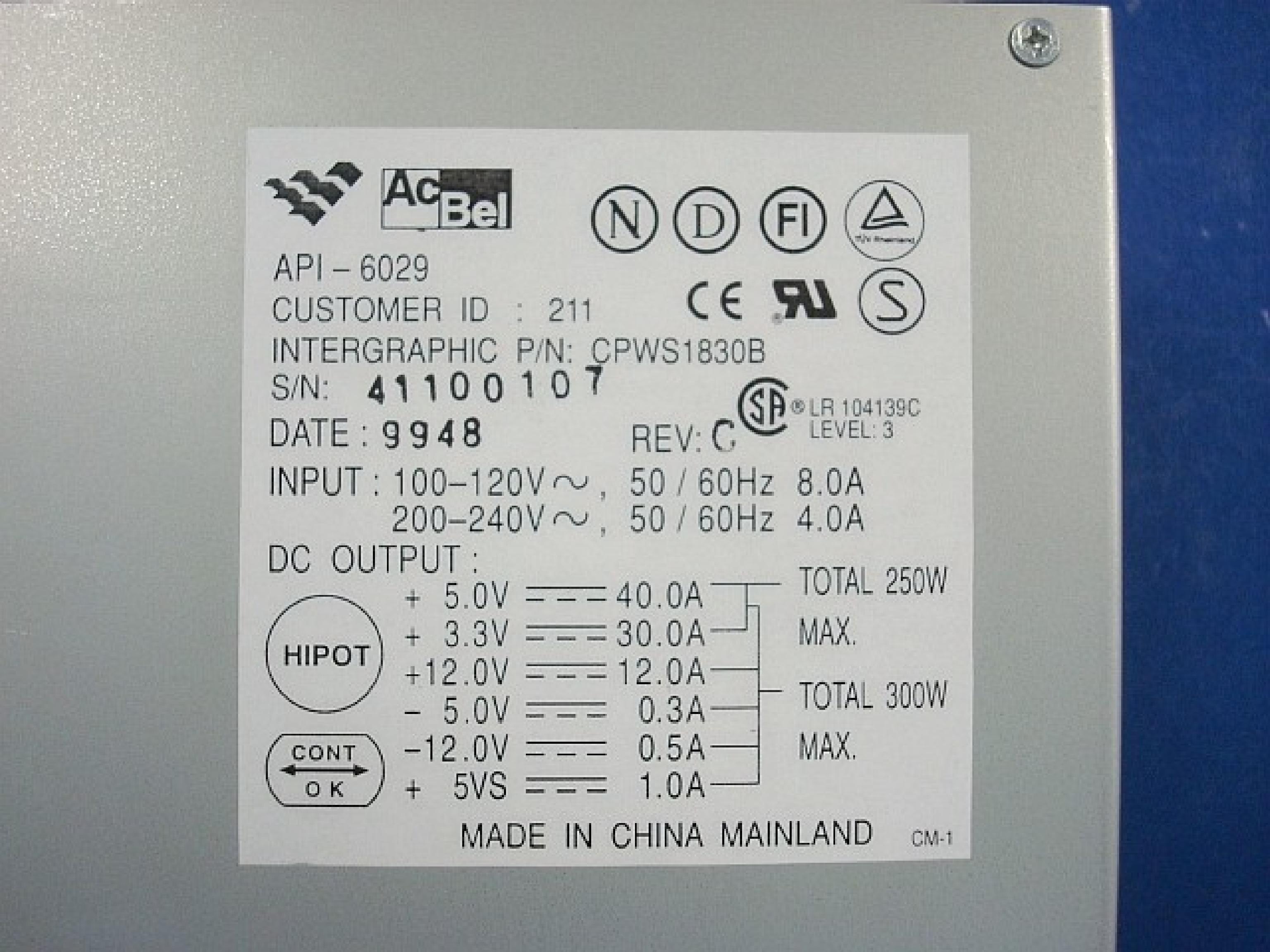 ACBEL API-6029 COMPATIBLE 300W POWER SUPPLY WITH 20 & 22PIN ATX CONNECTORS