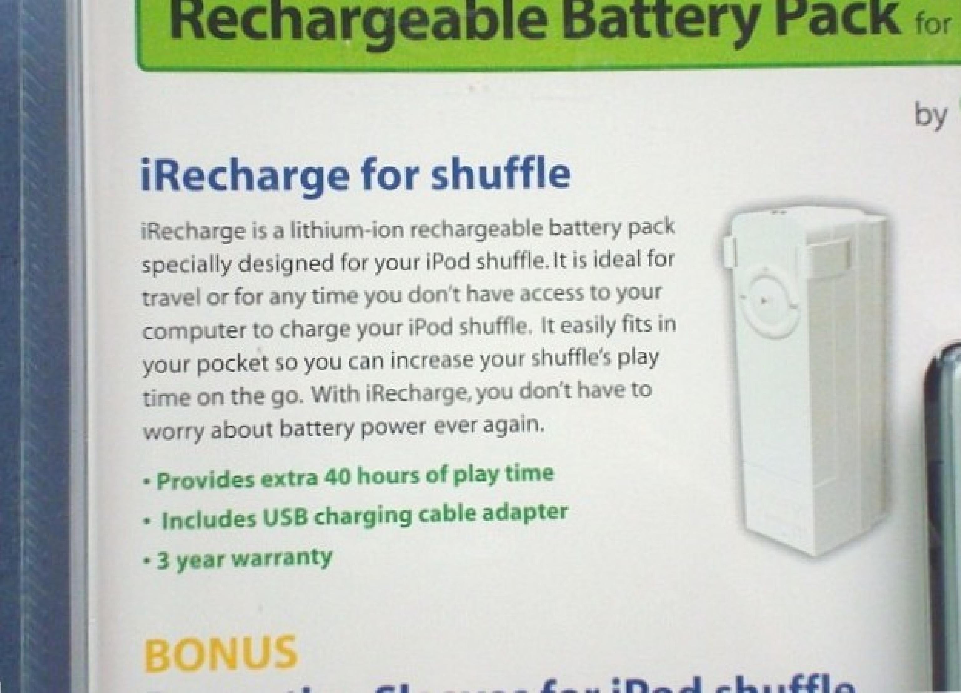 CELL BOOST IPR3 LI-ION BATTERY PACK ADD 40 HOURS TO IPOD SHUFFLE