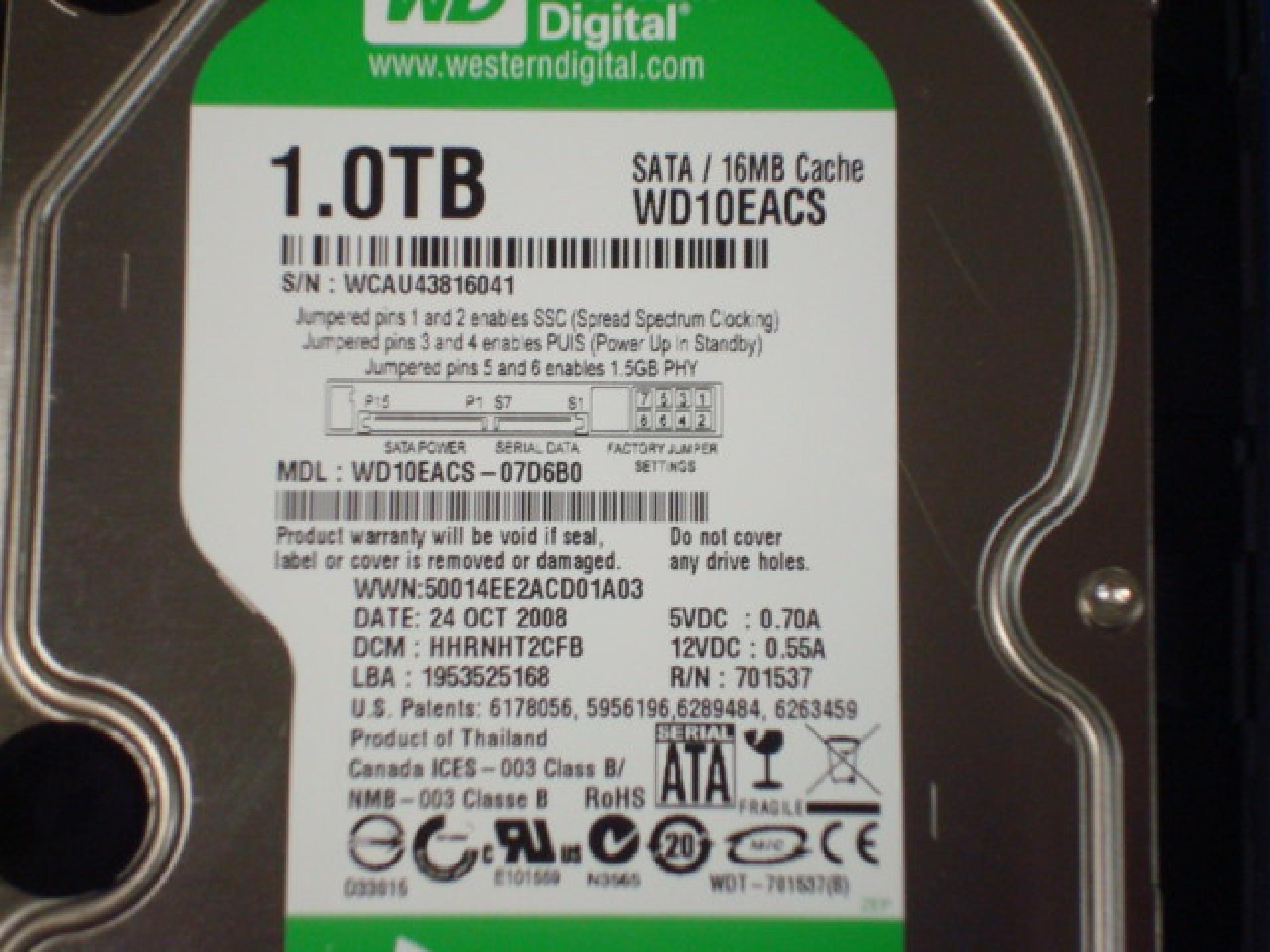 WESTERN DIGITAL / WD WD10EACS PULL, 1TB 1 TERABYTE INTERNAL 3.5INCH SATA HD: DATE CODE: 24 OCT 2008: DCM: HHRNHT2CFB: LBA: 1953525168: WWN:50014EE2ACD01A03