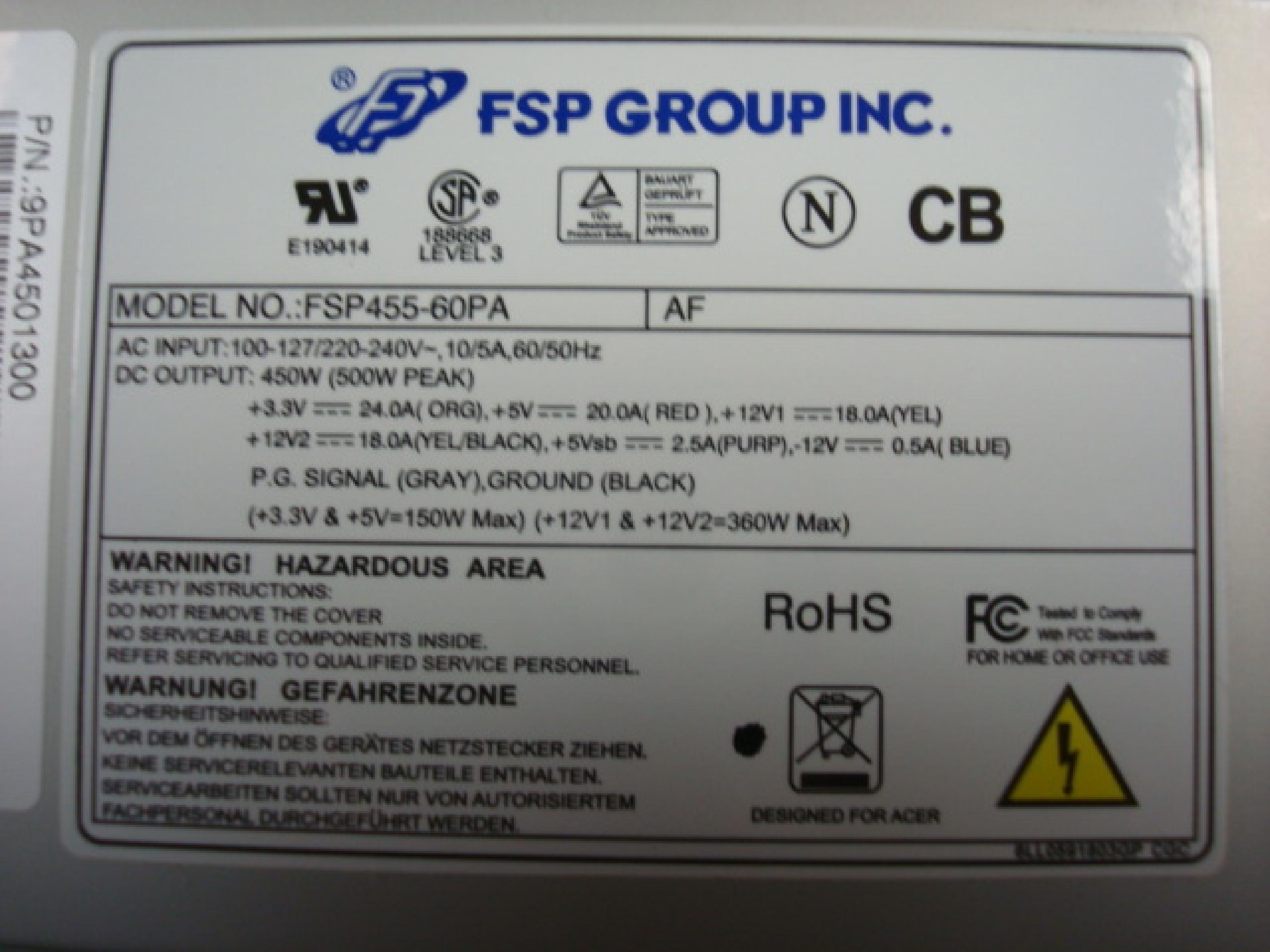 FSP GROUP / SPARKLE POWER INTL LTD / POWER MAN / YATE LOON / AOPEN / ACER FSP455-60PA CLONE IN STOCK, 450W POWER SUPPLY FOR I7 920 QUAD CORE SYSTEM