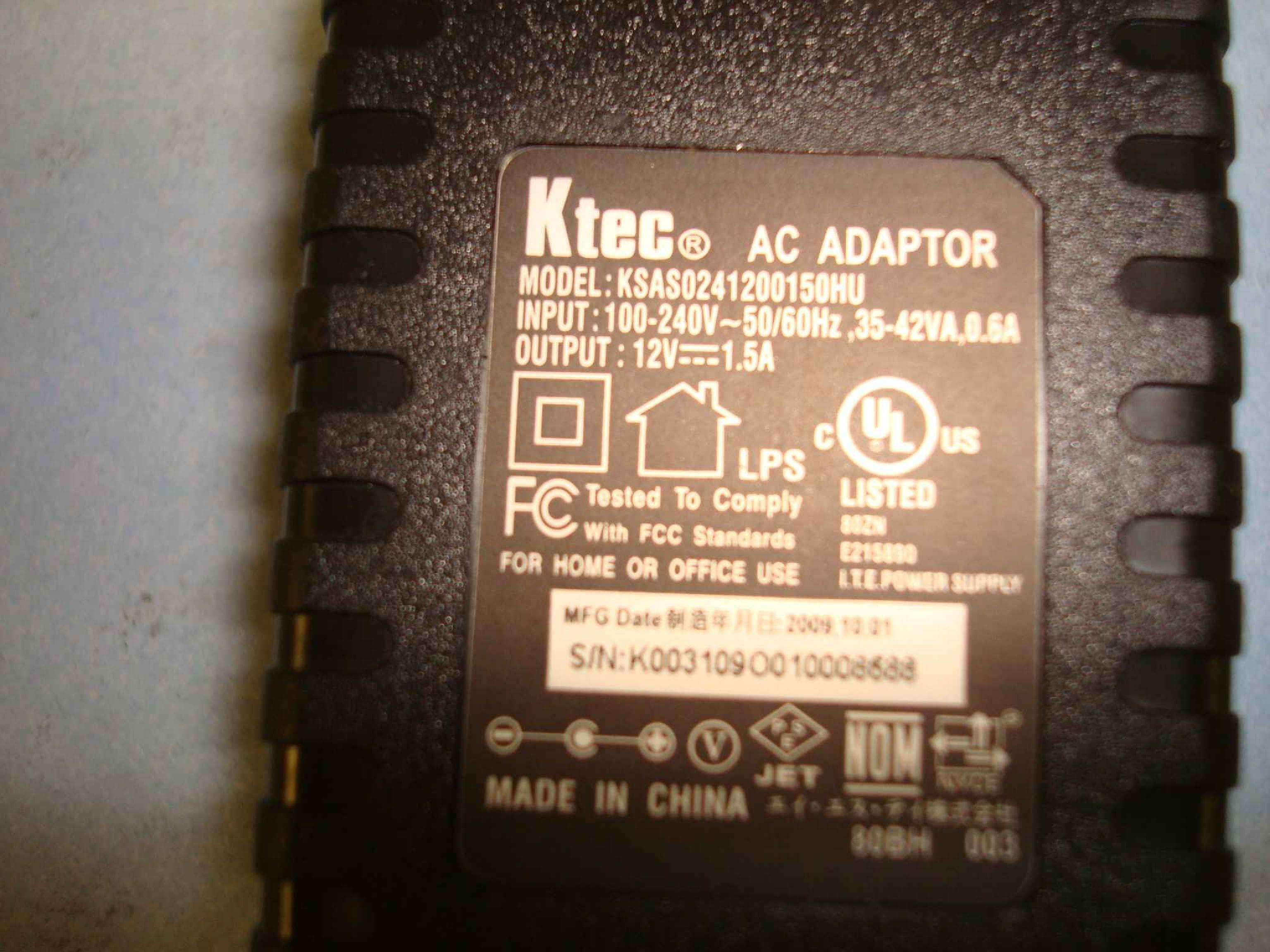 KTEC 4064-705059-011 12VDC 1.5A AC ADAPTER WITH BARREL CONNECTOR OD:5.5MM ID:2.5MM POSITIVE TIP