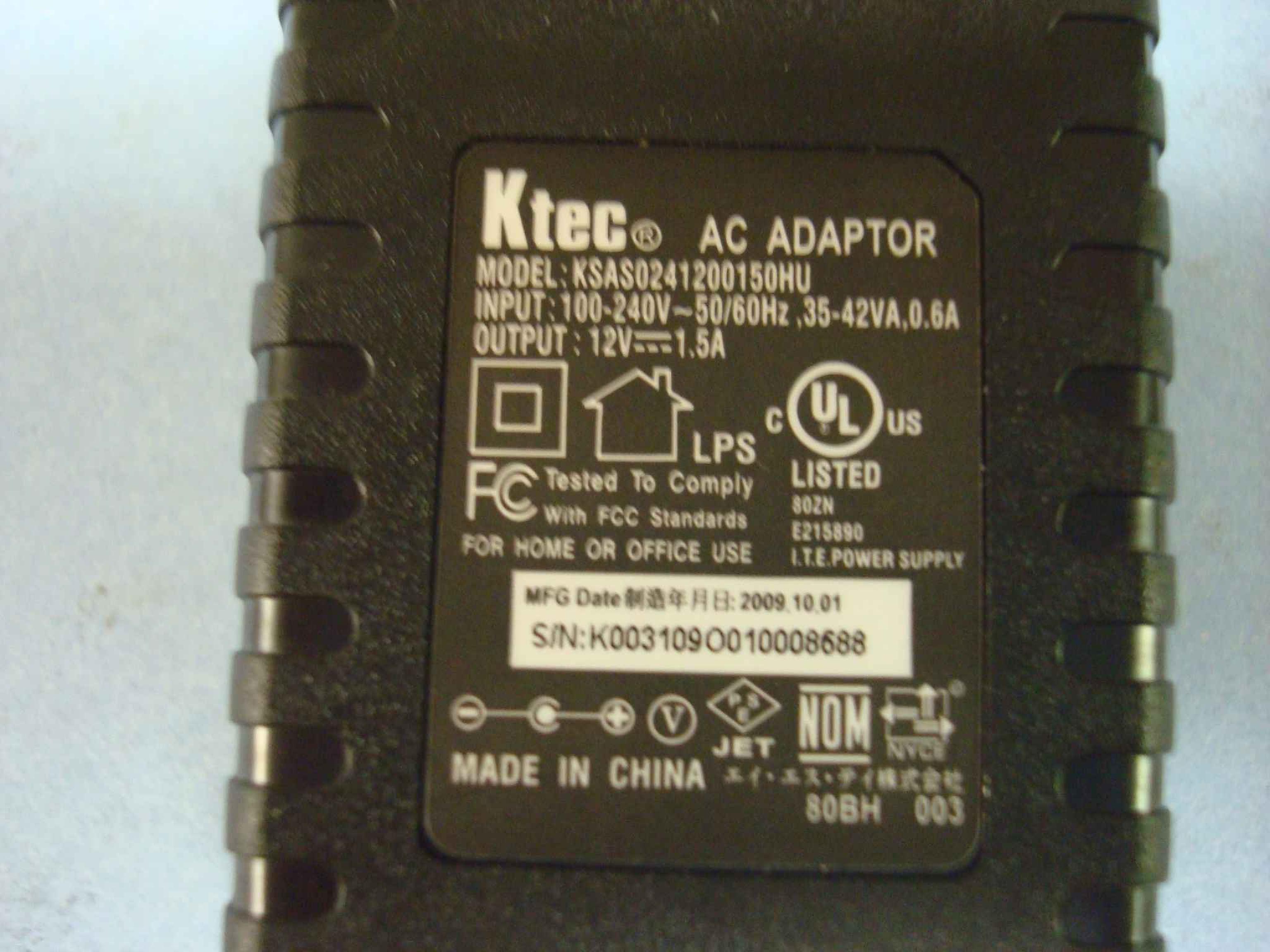 KTEC 4064-705059-011 12VDC 1.5A AC ADAPTER WITH BARREL CONNECTOR OD:5.5MM ID:2.5MM POSITIVE TIP