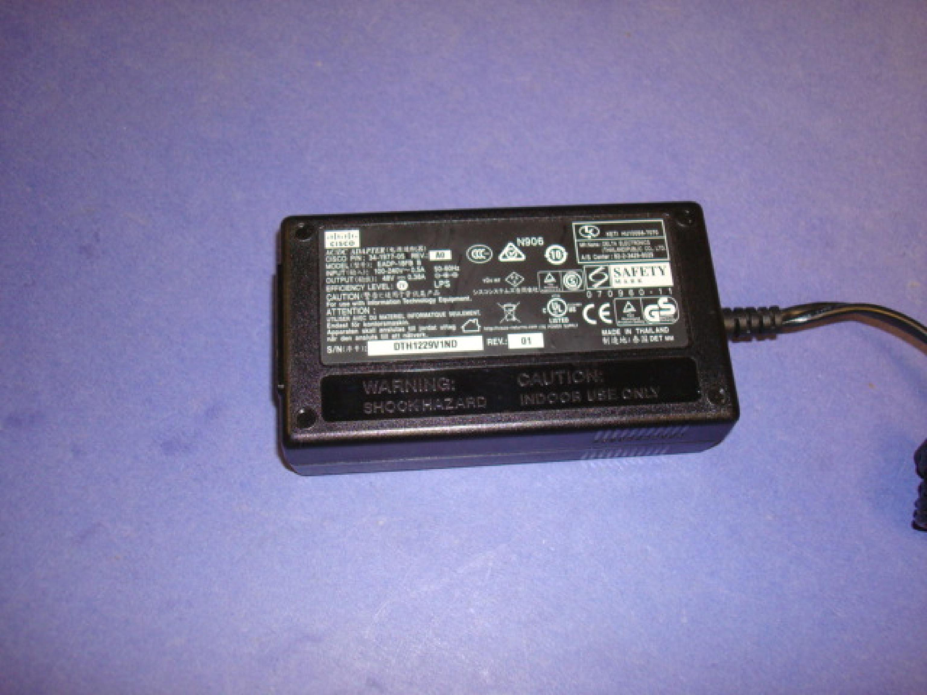 CISCO SYSTEMS 34-1977-05 AC ADAPTER POWER SUPPLY 48V .38A OD:5.5MM ID:2.5MM RIGHT ANGLE BARREL CONNECTOR