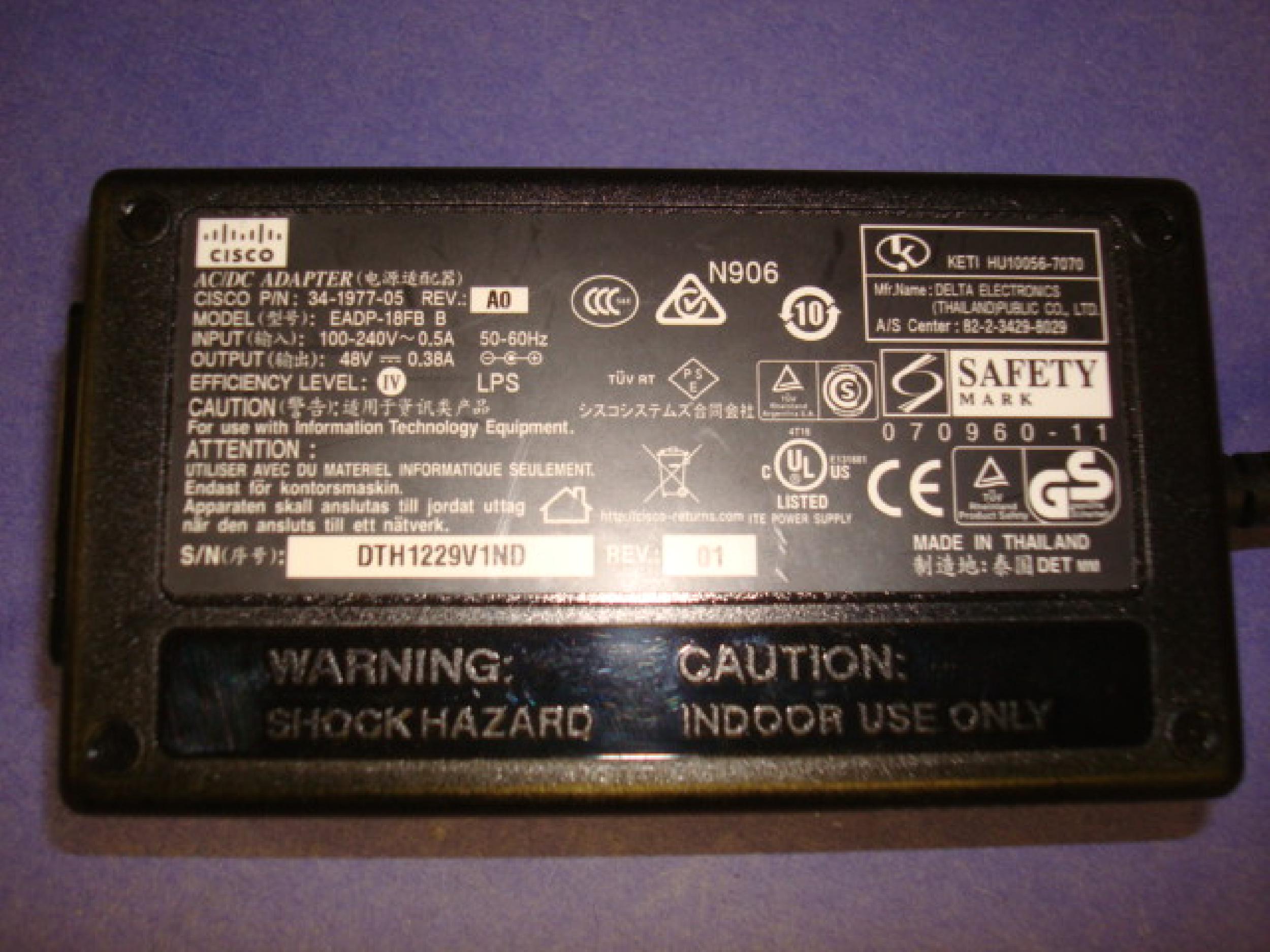CISCO SYSTEMS EADP-18FB B AC ADAPTER POWER SUPPLY 48V .38A OD:5.5MM ID:2.5MM RIGHT ANGLE BARREL CONNECTOR
