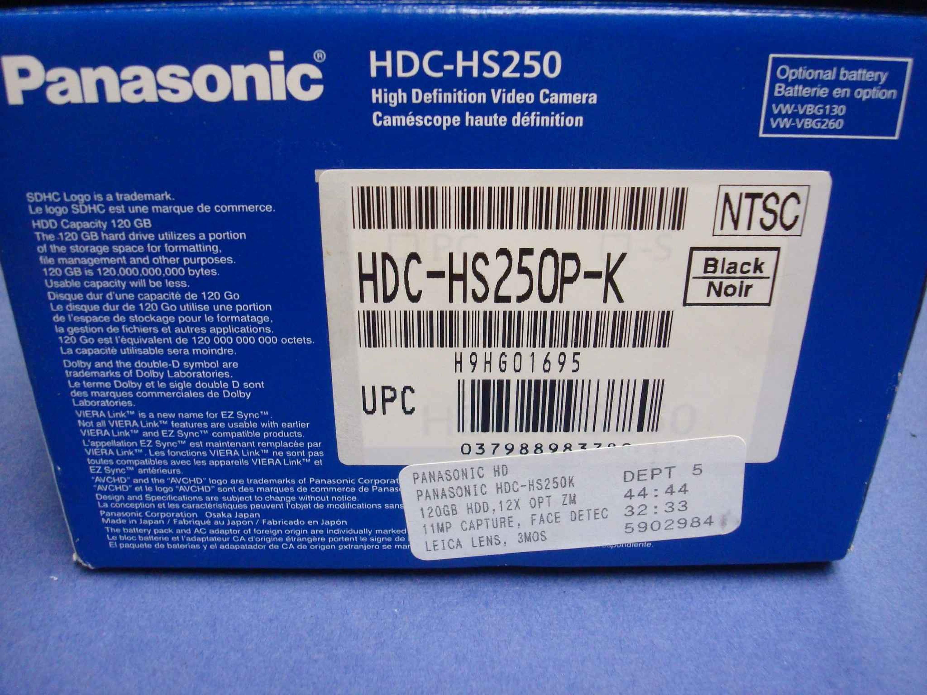 PANASONIC HDC-HS250K OPEN BOX 120GB CAMCORDER FULL HD 11MP STILLS LEICA LENS 12X OPTICAL ZOON