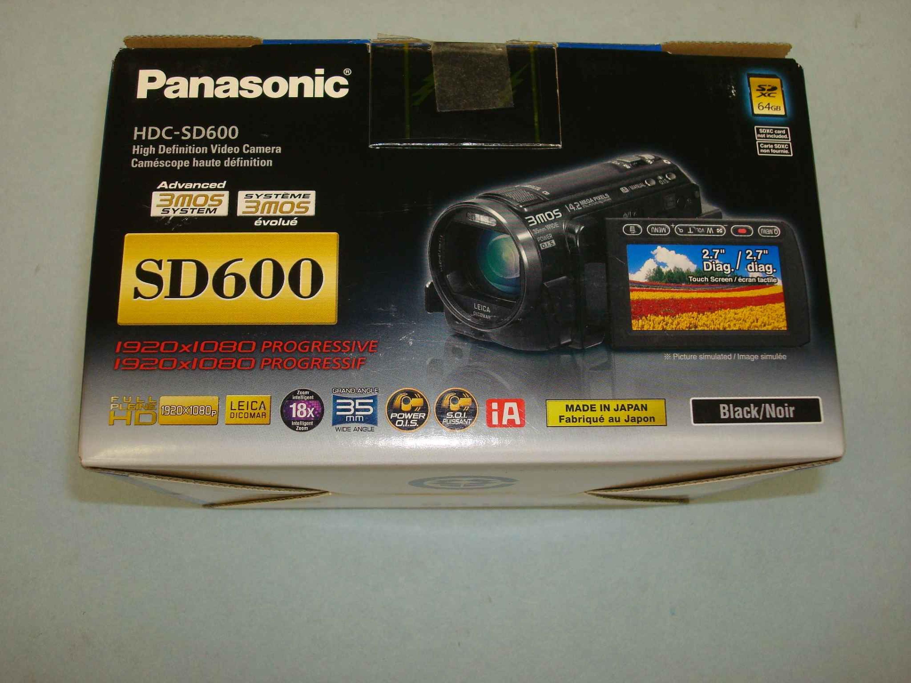 PANASONIC HDC-SD600P-K HD CAMCORDER 3MOS 1920X1080 PROGRESSIVE 60FPS 14.2MP STILLS