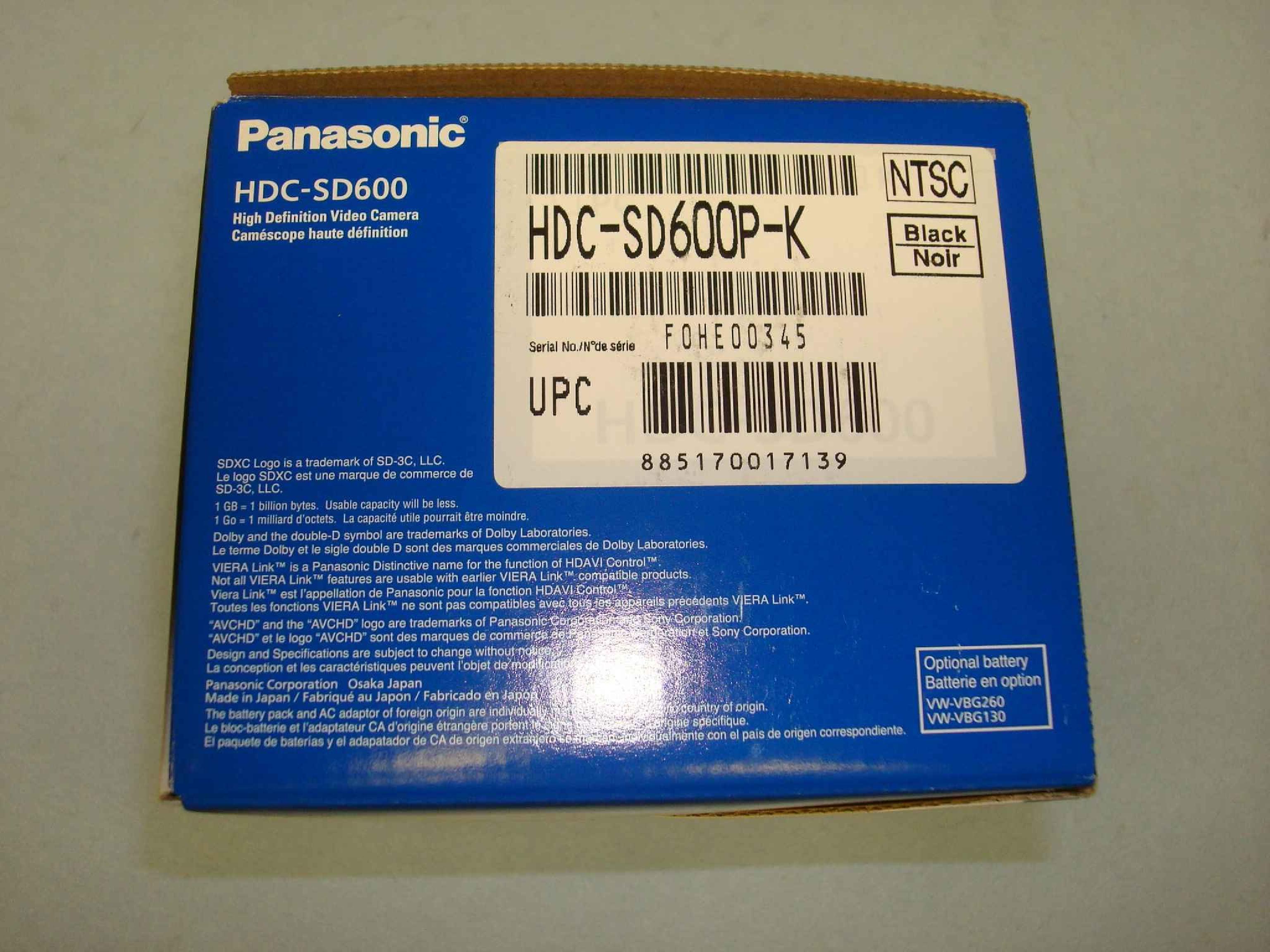 PANASONIC HDC-SD600P-K HD CAMCORDER 3MOS 1920X1080 PROGRESSIVE 60FPS 14.2MP STILLS