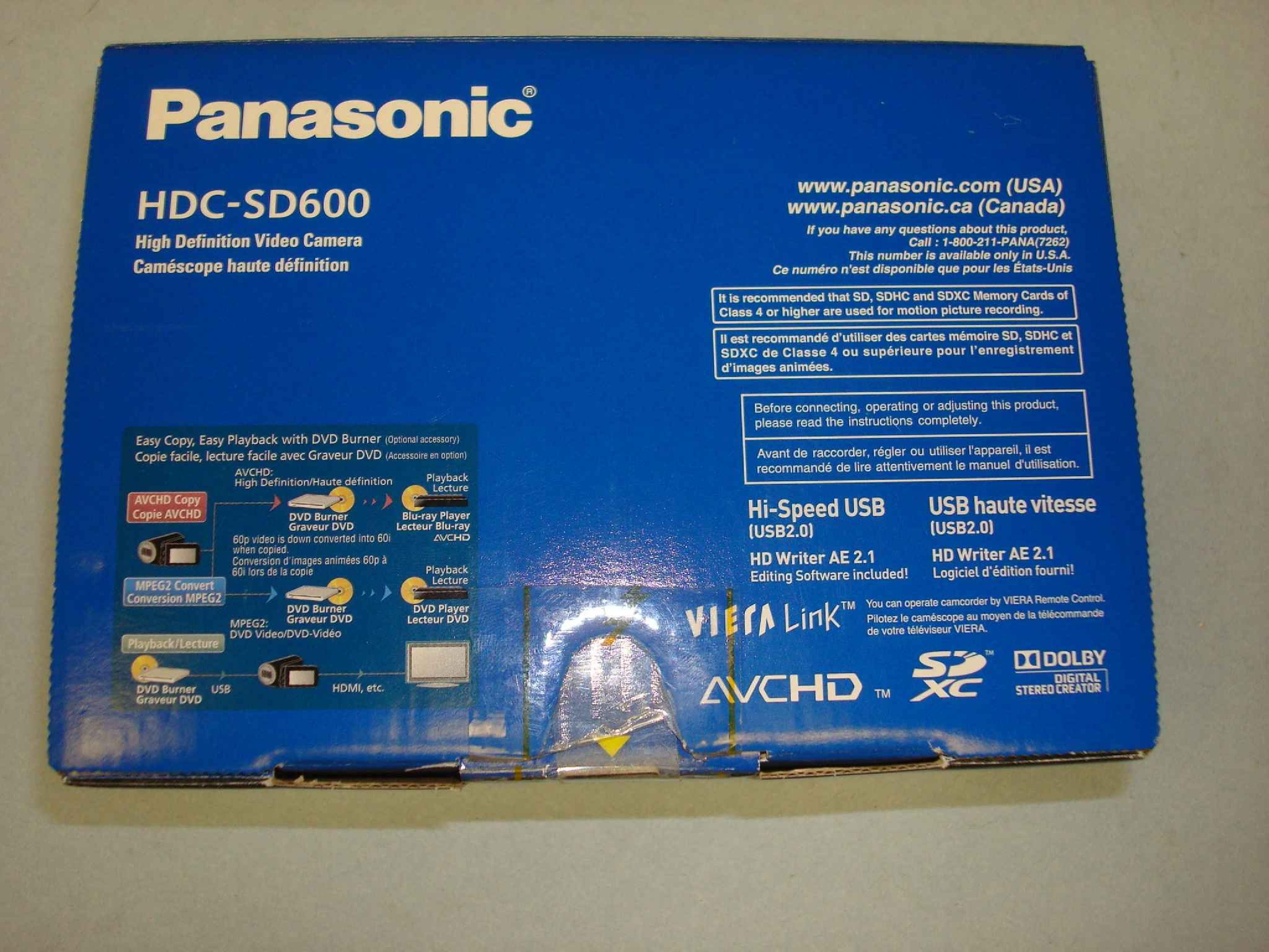 PANASONIC HDC-SD600P-K HD CAMCORDER 3MOS 1920X1080 PROGRESSIVE 60FPS 14.2MP STILLS