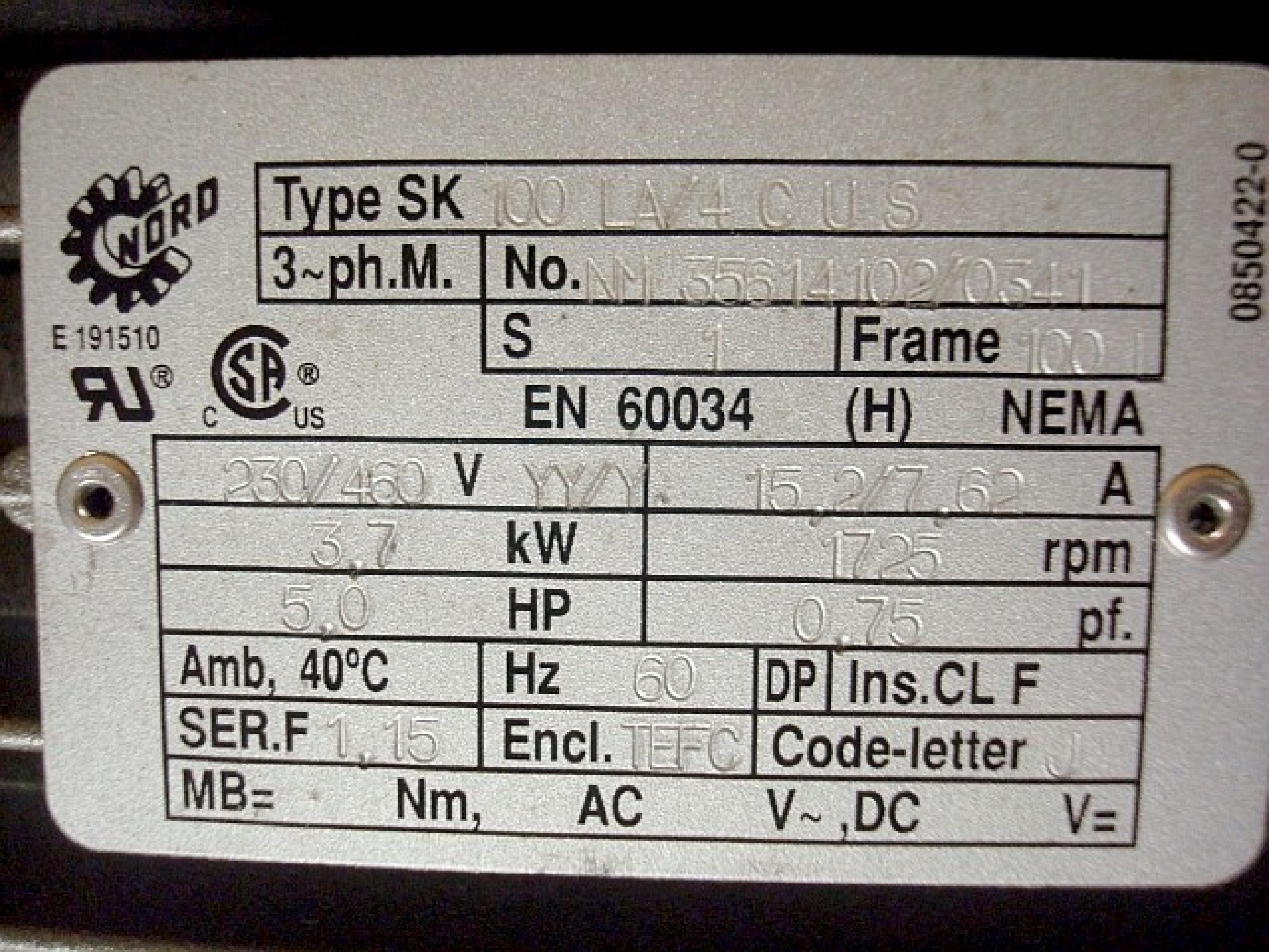 NORD GEAR CORPORATION SK 100 LA/4 C U S 5HP ELECTRIC MOTOR WITH SK 772-100L/40 GEARBOX; 1725 MOTOR RPM, 230/460V, 15.2/7.62A, 3.7KW, 60HZ, GEARBOX RPM - 58, RATIO - 30.31, MAX OUTPUT - 5434 IN/LB