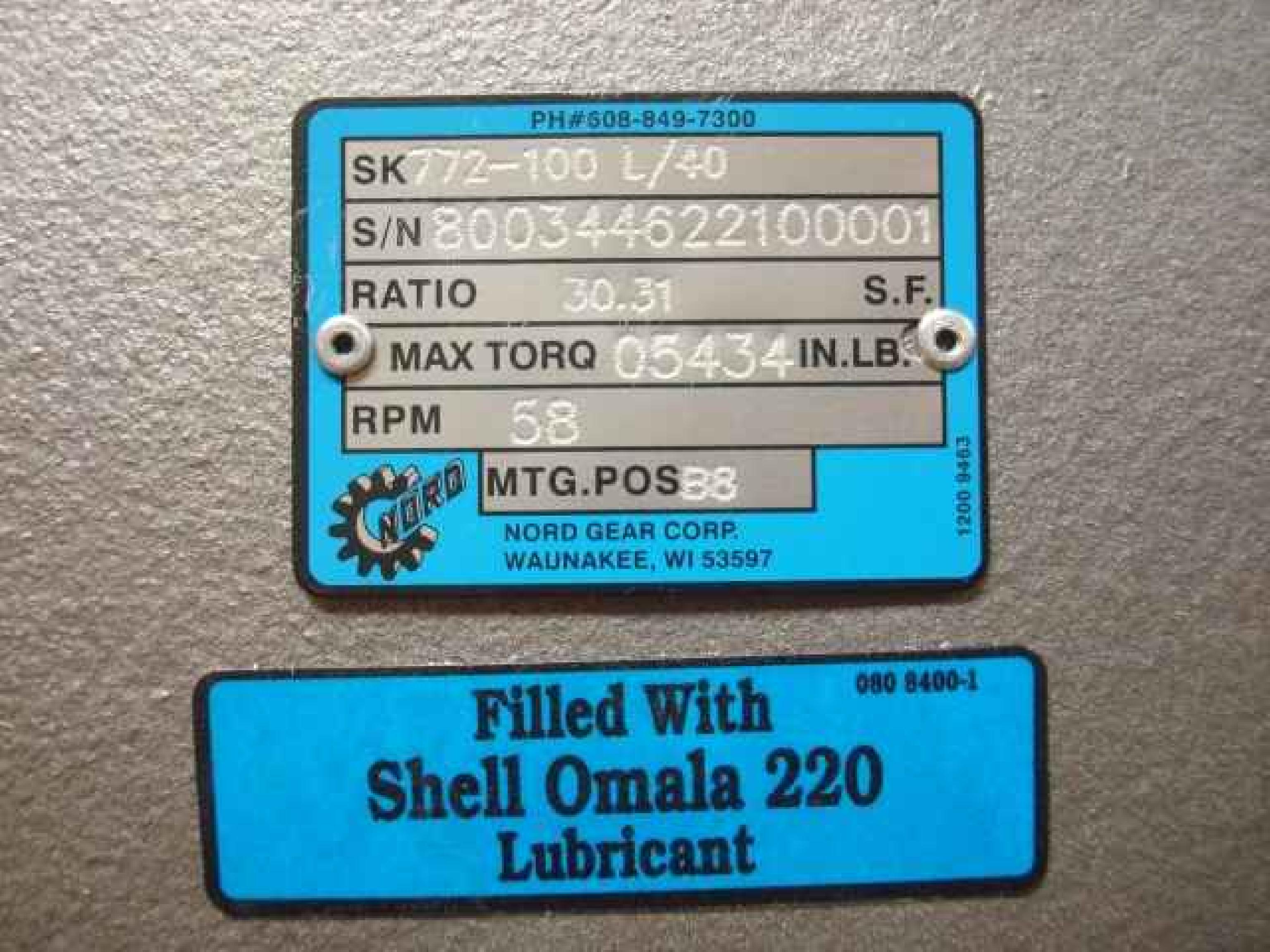 NORD GEAR CORPORATION SK 100 LA/4 C U S 5HP ELECTRIC MOTOR WITH SK 772-100L/40 GEARBOX; 1725 MOTOR RPM, 230/460V, 15.2/7.62A, 3.7KW, 60HZ, GEARBOX RPM - 58, RATIO - 30.31, MAX OUTPUT - 5434 IN/LB