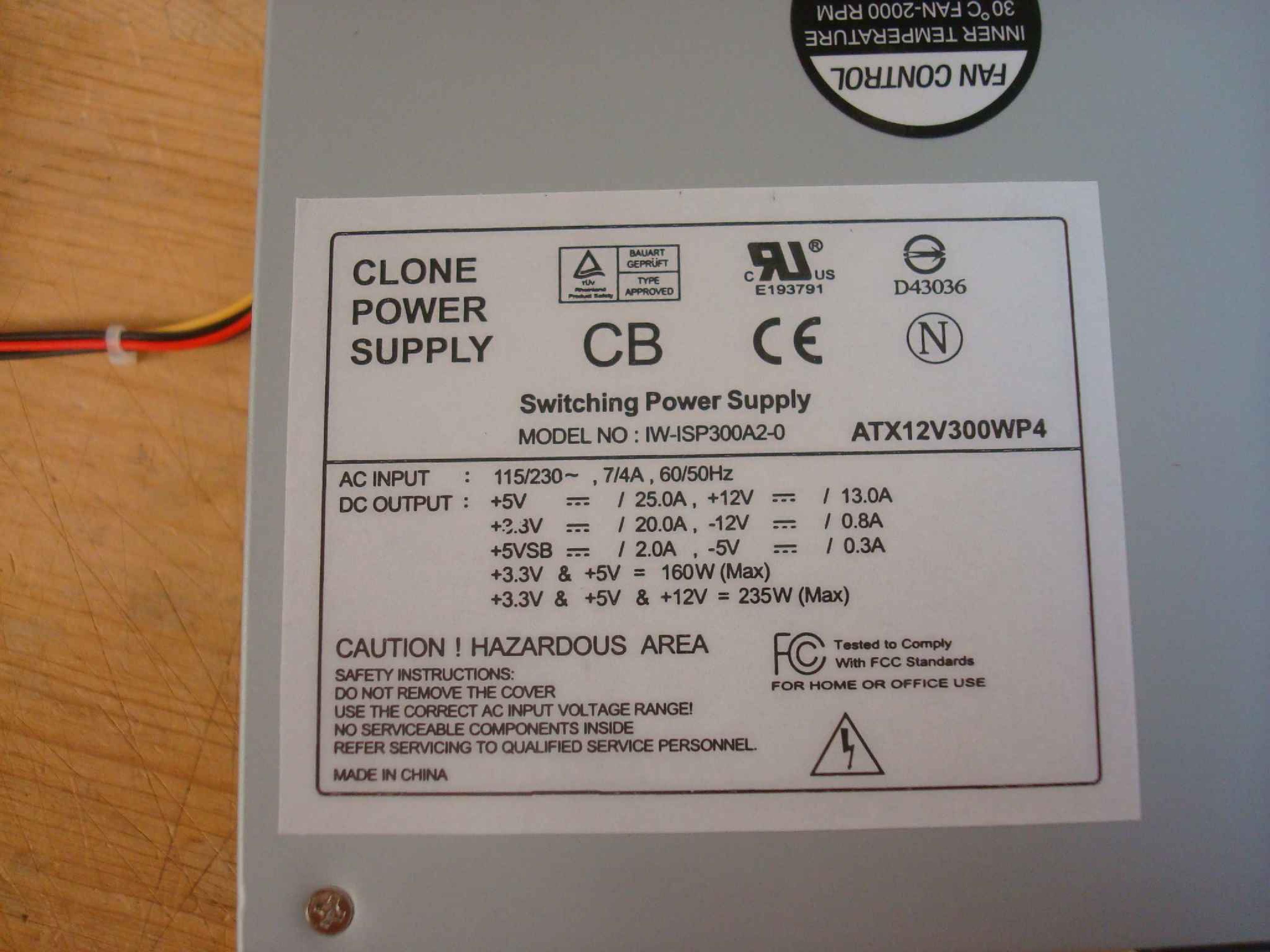 FSP GROUP / SPARKLE POWER INTL LTD / POWER MAN / YATE LOON / AOPEN / ACER ATX12V300WP4 CLONE 300 WATT SWITCHING POWER SUPPLY