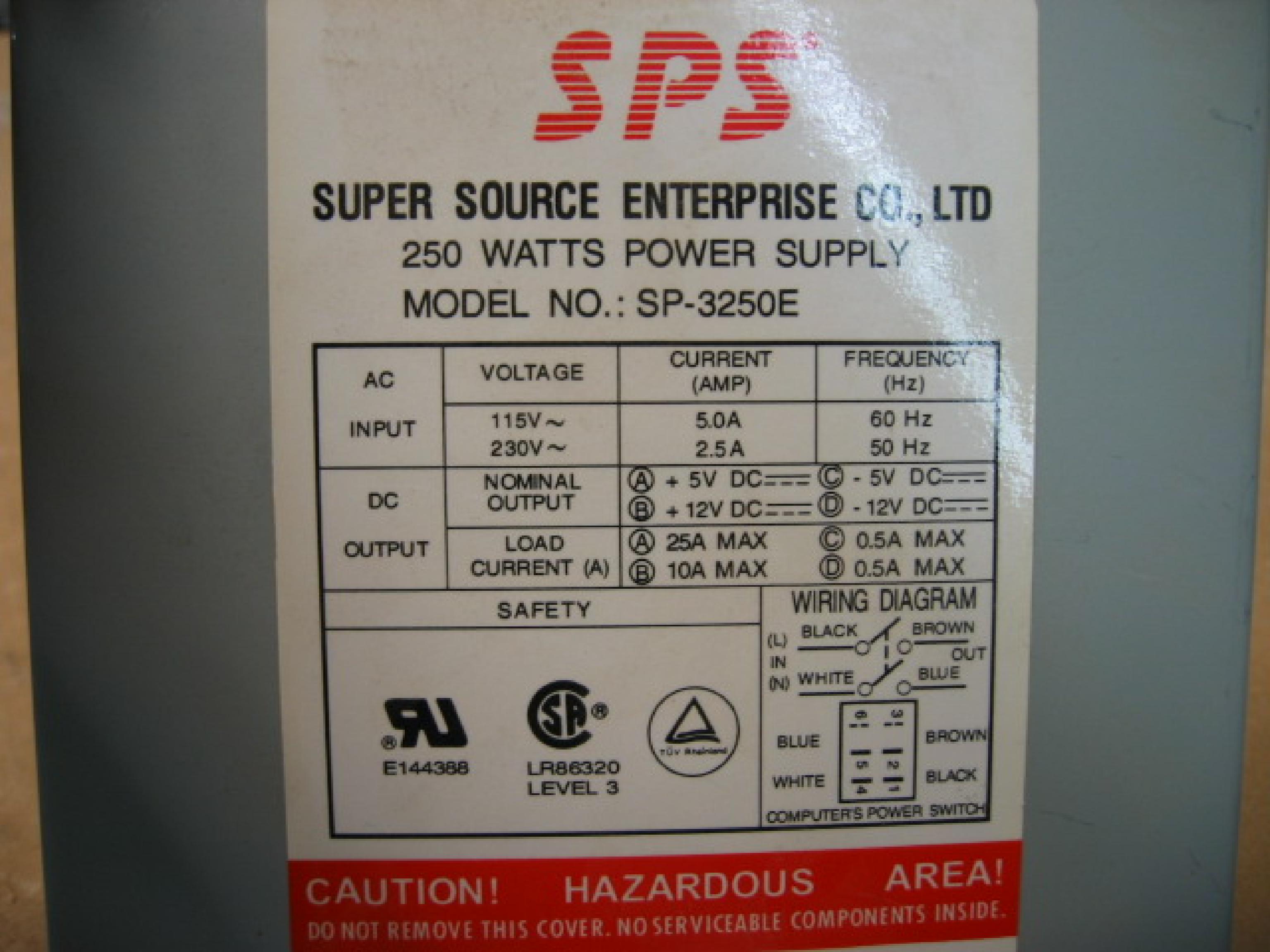 SUPER SOURCE ENTERPRISE CO SP-3250E CLONE 250 WATT AT POWER SUPPLY