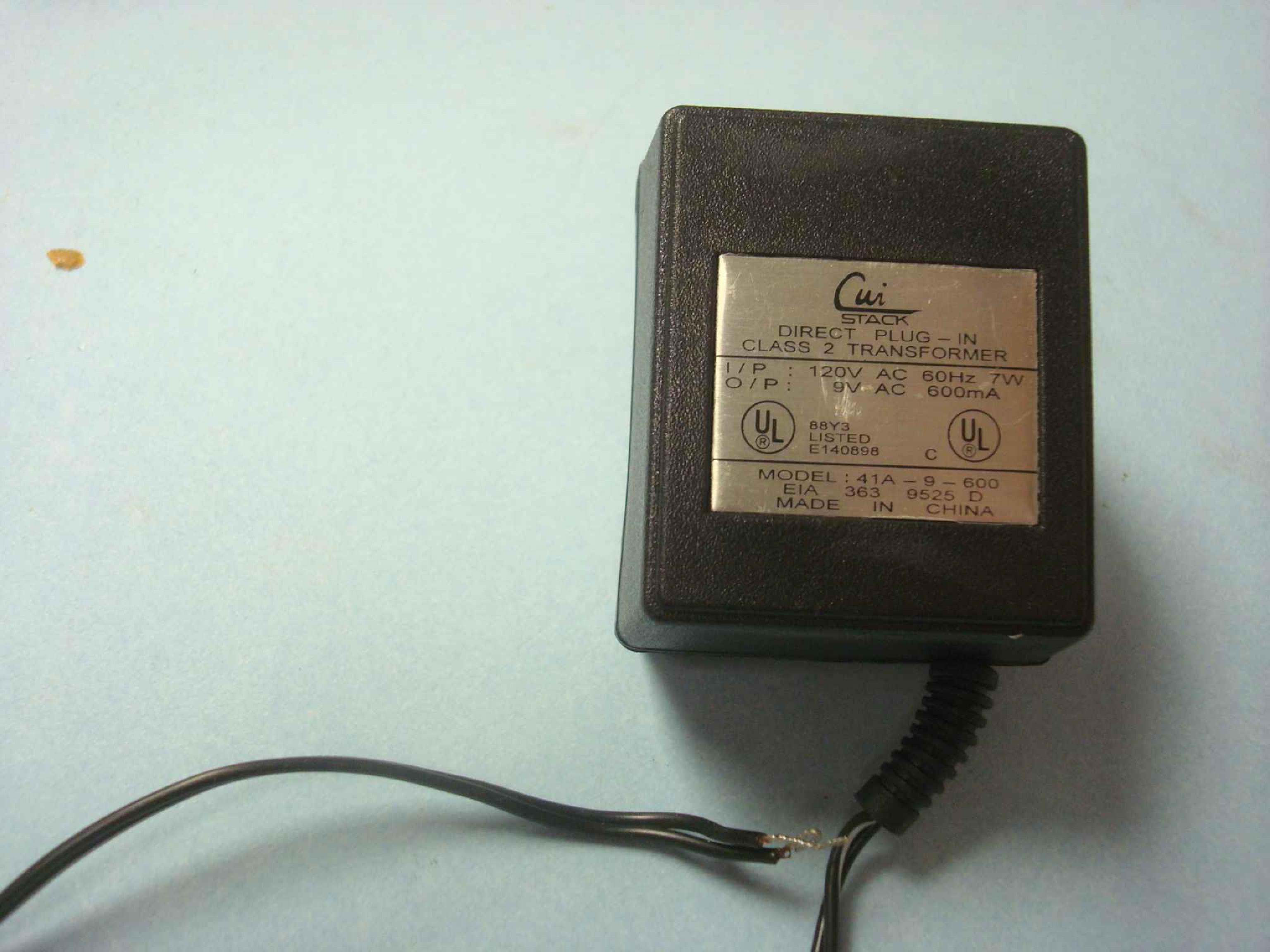 CUI STACK 41A-9-600 AC ADAPTER I/P 120VAC O/P9VAC 600MA CUT WIRES