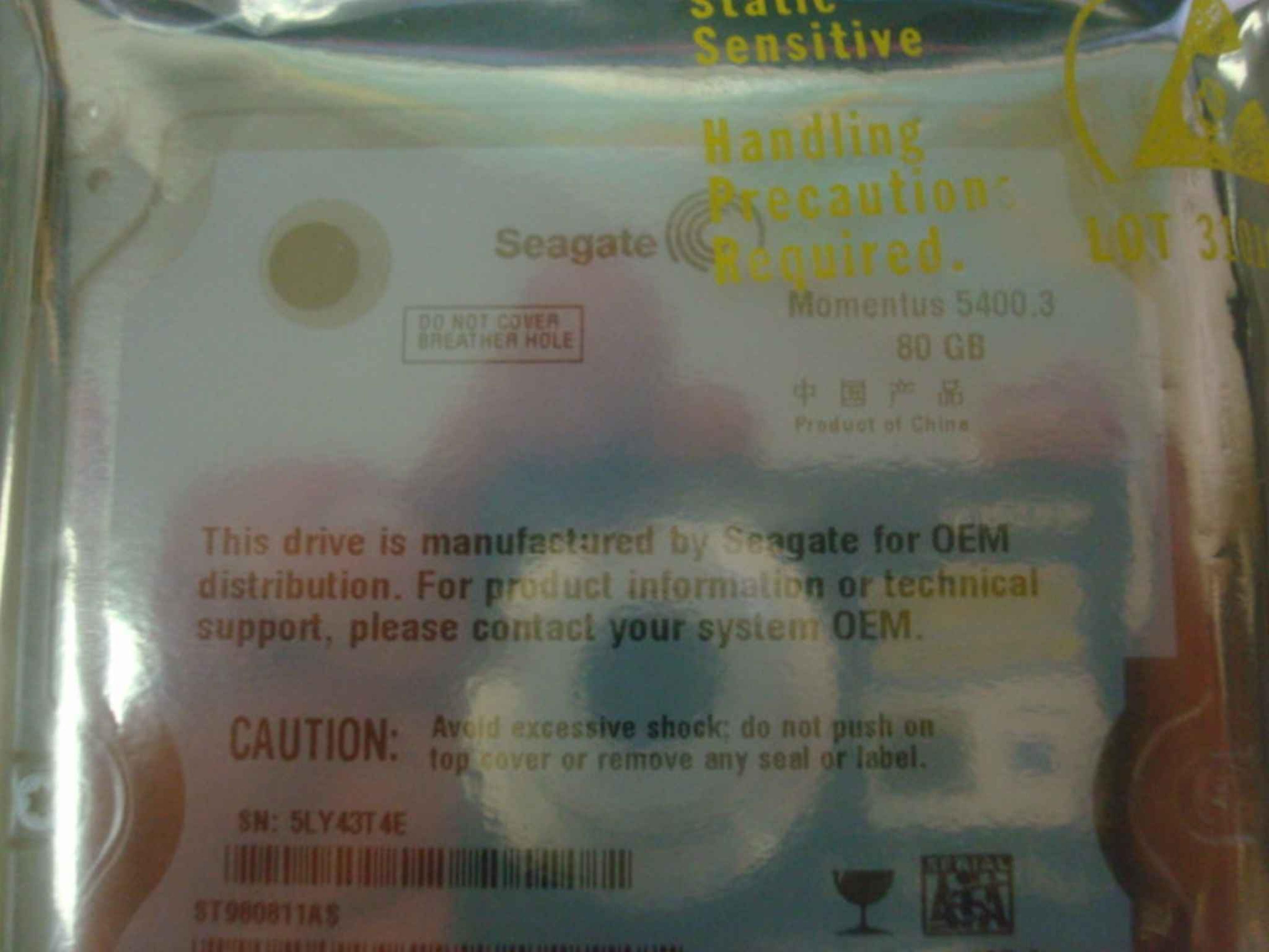 SEAGATE ST980811AS 80GB SATA HARD DRIVE, MOMENTUS 5400.3, FIRMWARE 3.AXC, DATE 07411, SITE WU