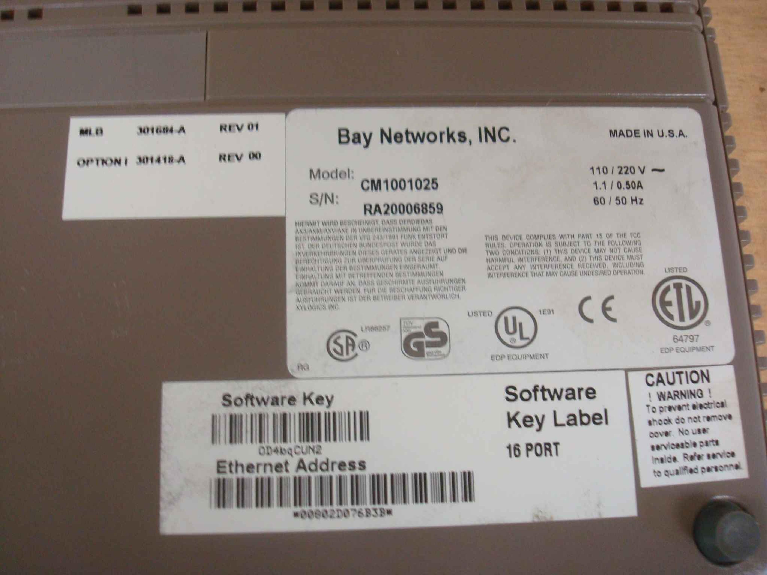 BAY NETWORKS NORTEL CM1001025 ANNEX 2000, ASYNC 16 PORT, IP, SELF-BOOTING, TWISTED PAIR & THICK ETHERNET, 110V WITH RACK KIT