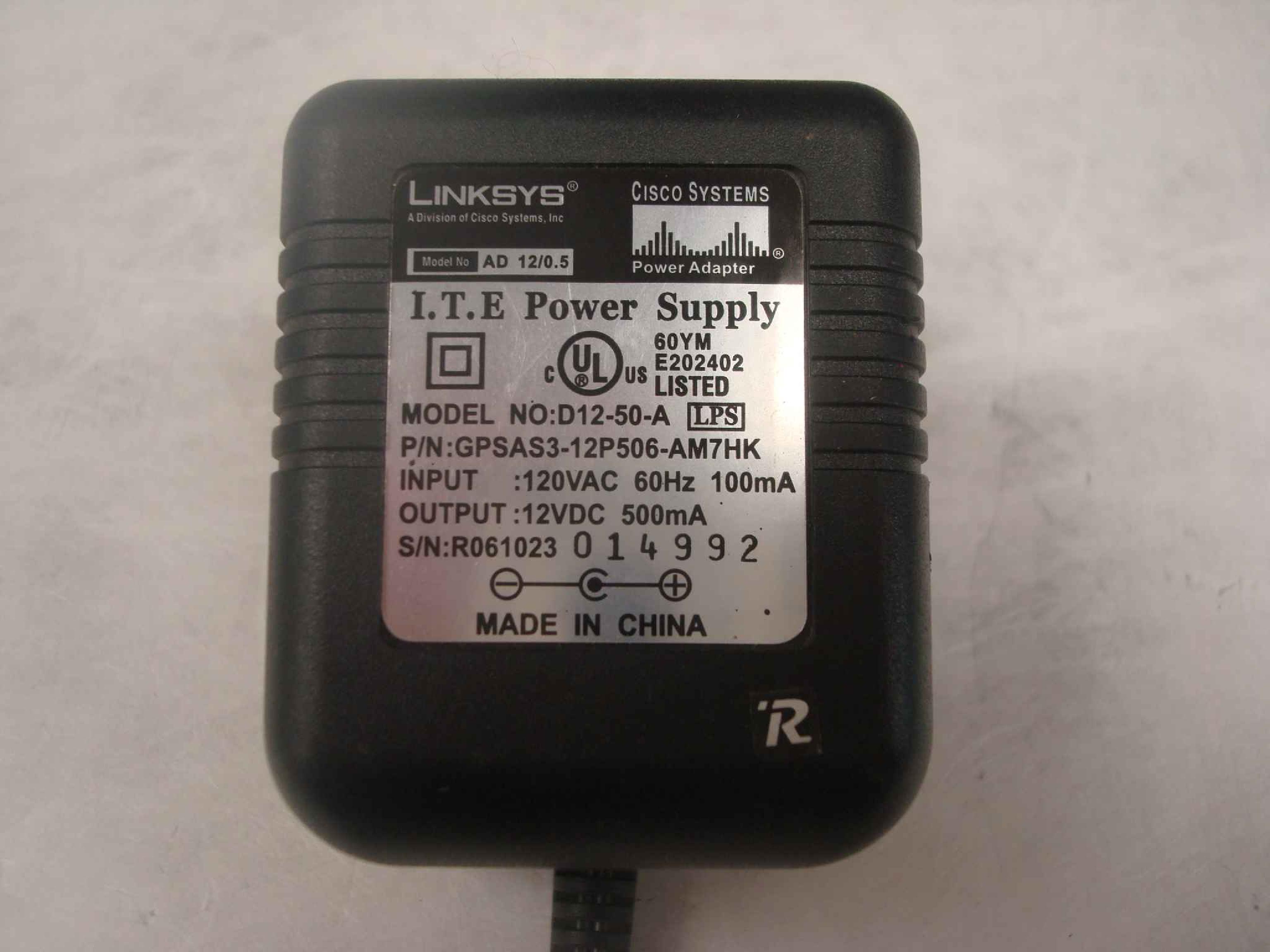 LINKSYS GPSAS3-12P506-AM7HK D12-50-A POWER SUPPLY 12V 500mA