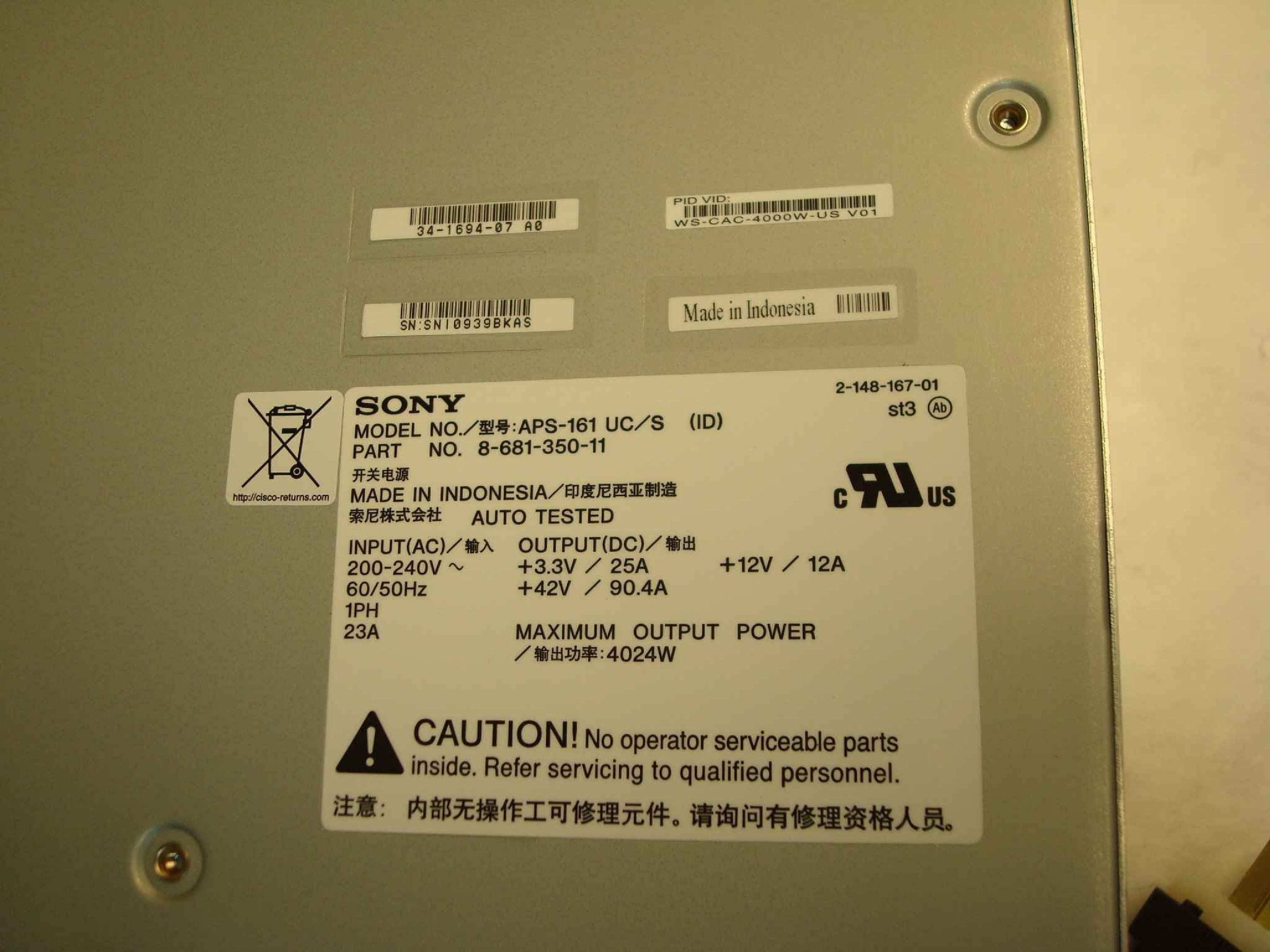 SONY 8-681-350-11 Sony Cisco 8-681-350-11 4024W Power Supply, APS-161 UC/S