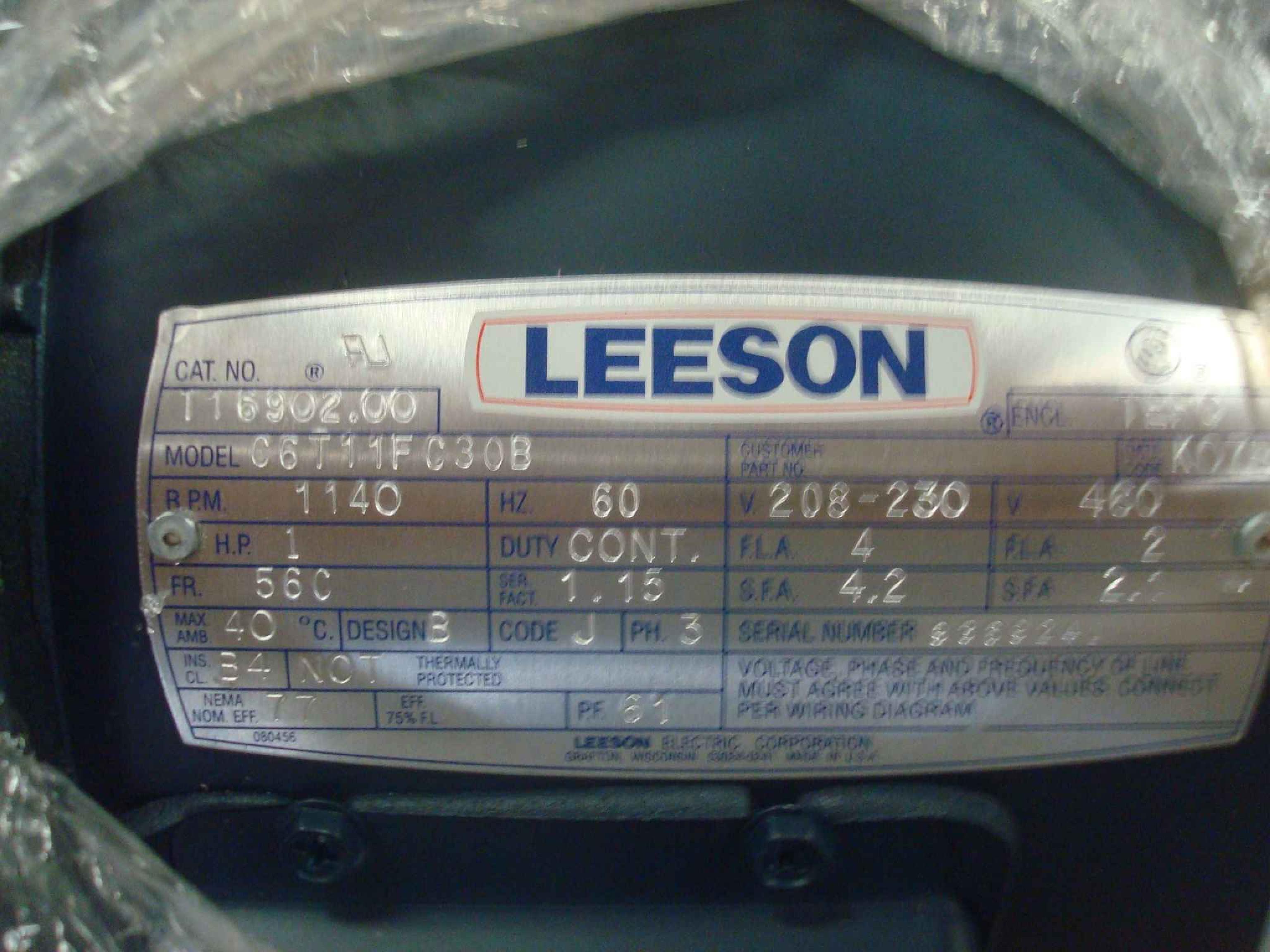 LEESON 116902-00 MOTOR 1HP 1140RPM 208-230/460V 3PHASE 5/8INCH SHAFT