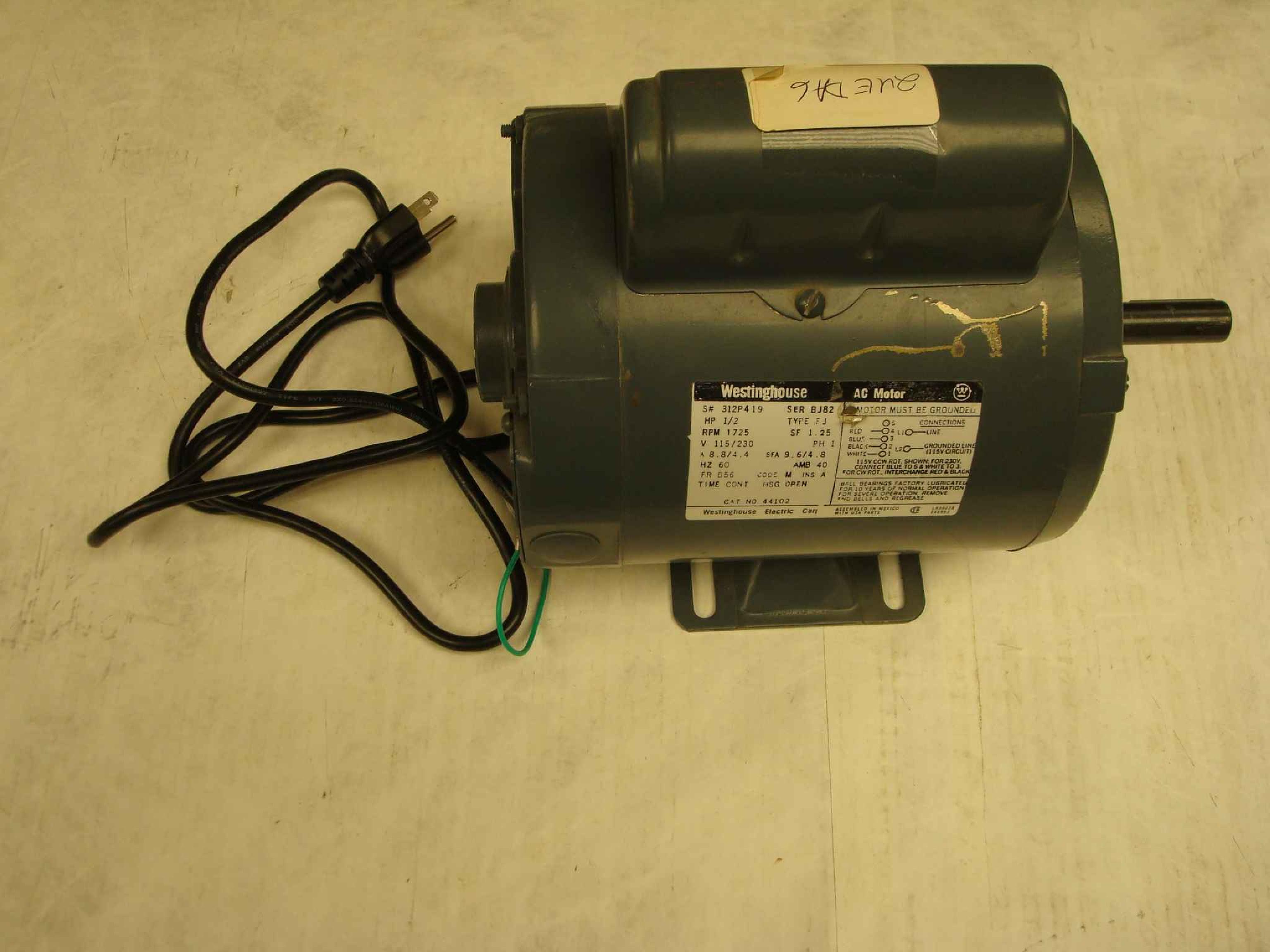 WESTINGHOUSE BJ82 1/2 HP 115/230 VAC 1725 Rpm 5/8 SHAFT