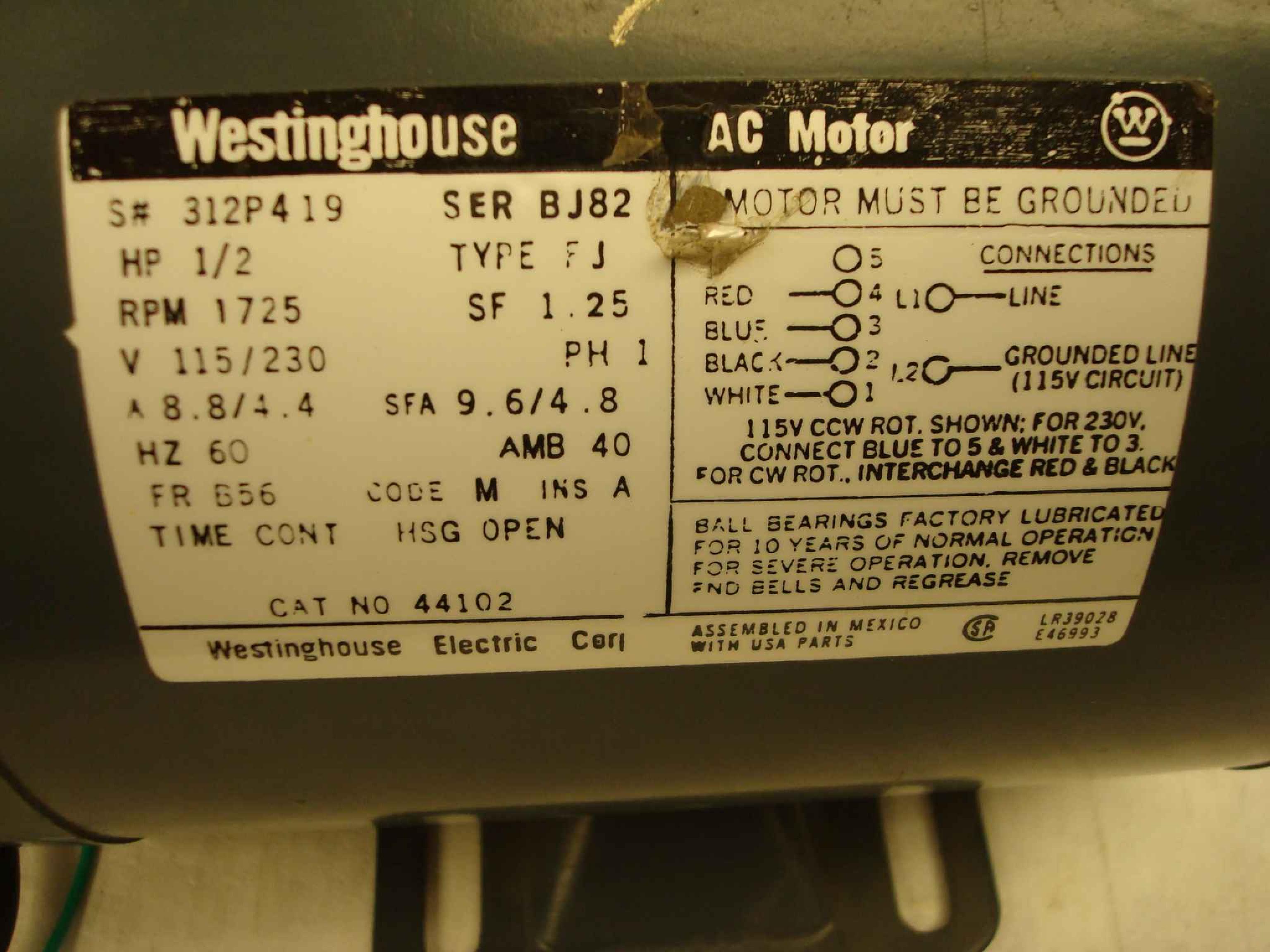 WESTINGHOUSE BJ82 1/2 HP 115/230 VAC 1725 Rpm 5/8 SHAFT