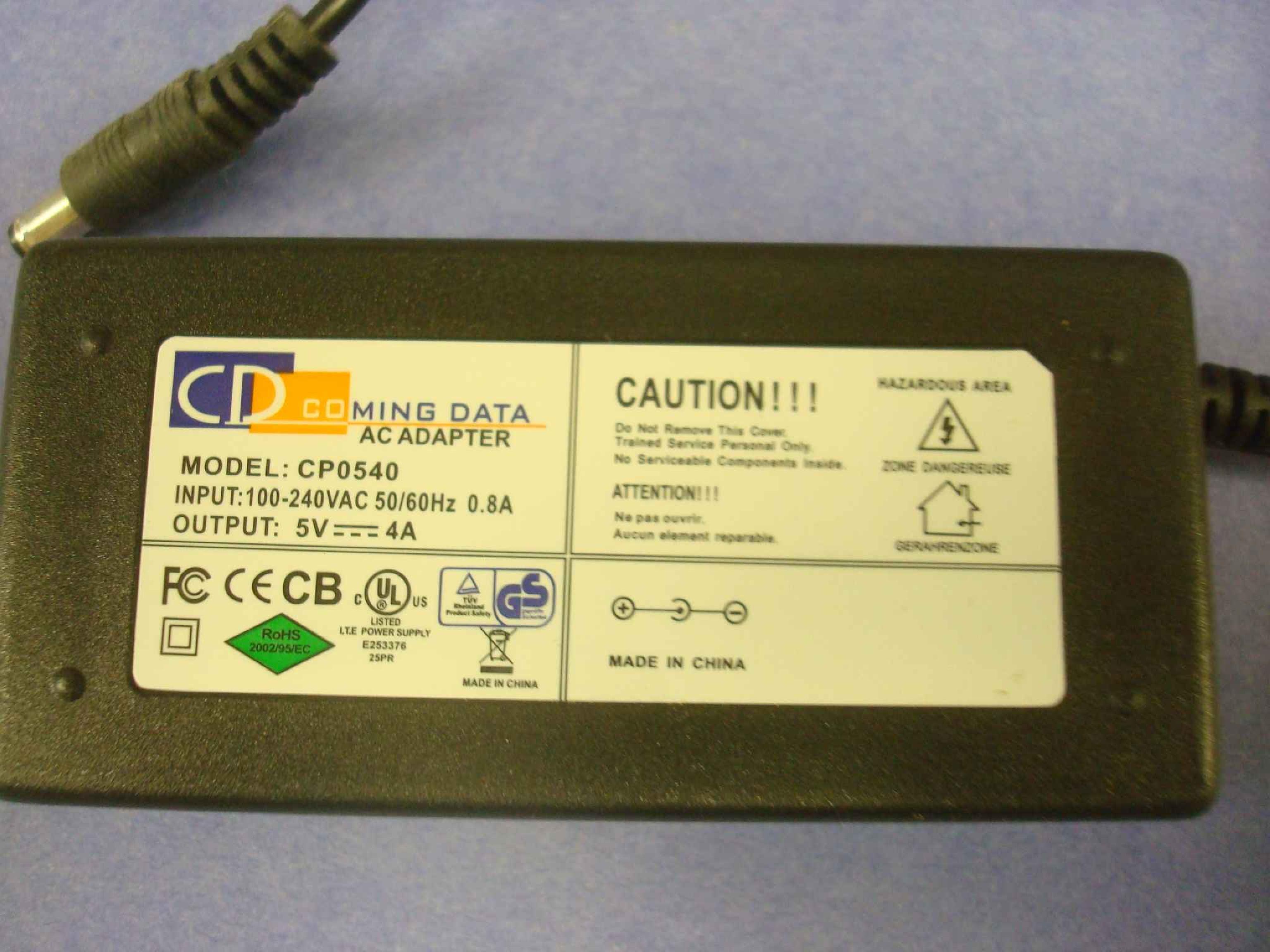 COMING DATA CP0540 AC ADAPTER 5VDC 4A OD:5.5MM ID:2.1MM DESKTOP, SPRING LOADED BARREL CONNECTOR, CENTER POSITIVE