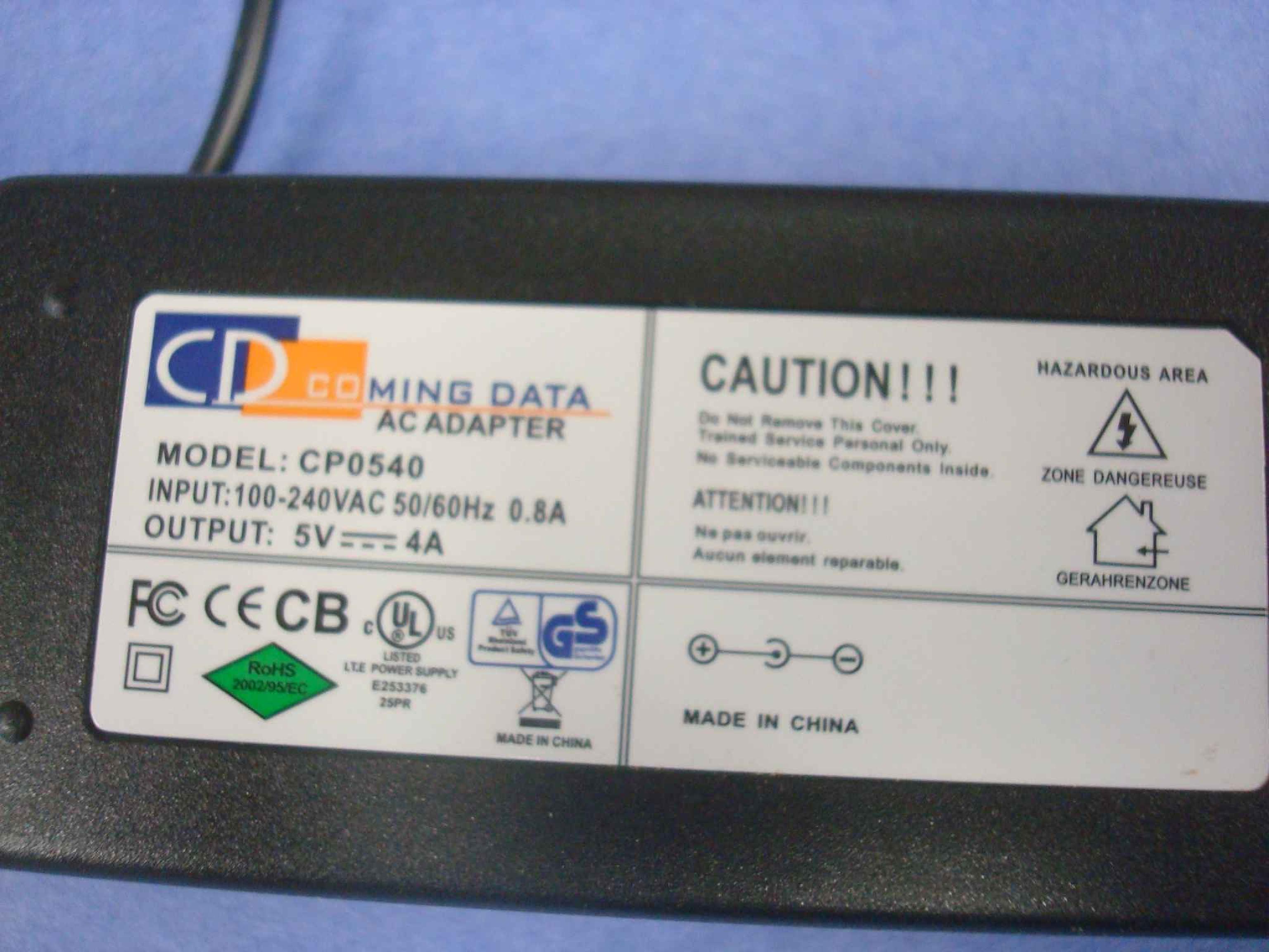 COMING DATA CP0540 AC ADAPTER 5VDC 4A OD:5.5MM ID:2.1MM DESKTOP, SPRING LOADED BARREL CONNECTOR, CENTER POSITIVE