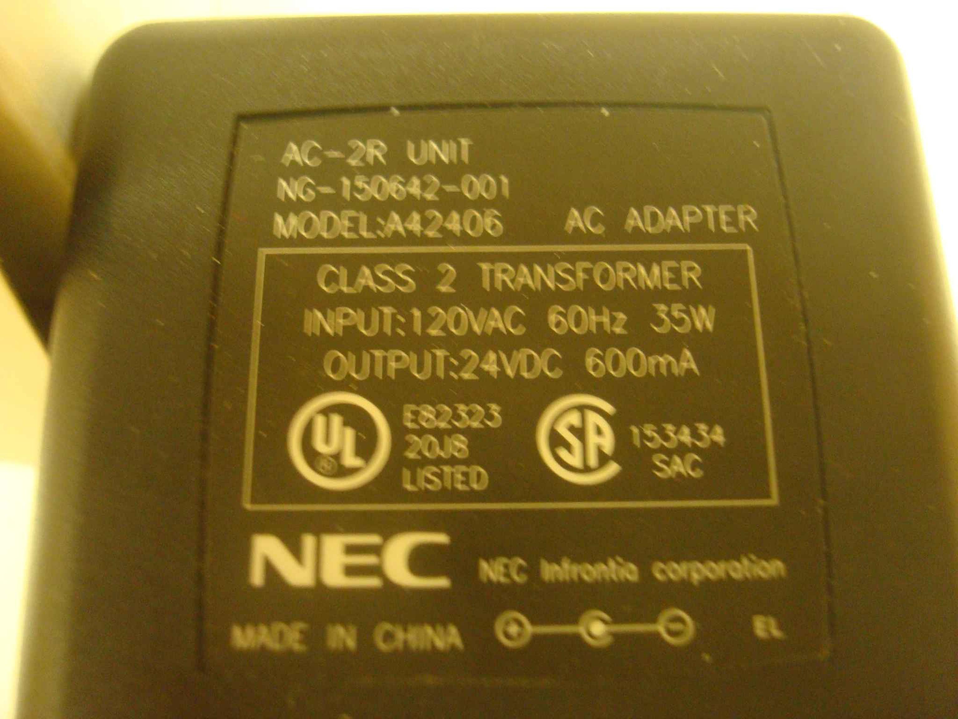 NEC NG-150642-001 AC ADAPTER 24VDC 600MA WITH BARREL CONNECTOR, OD:5.5 ID:2.0MM, NEGATIVE TIP