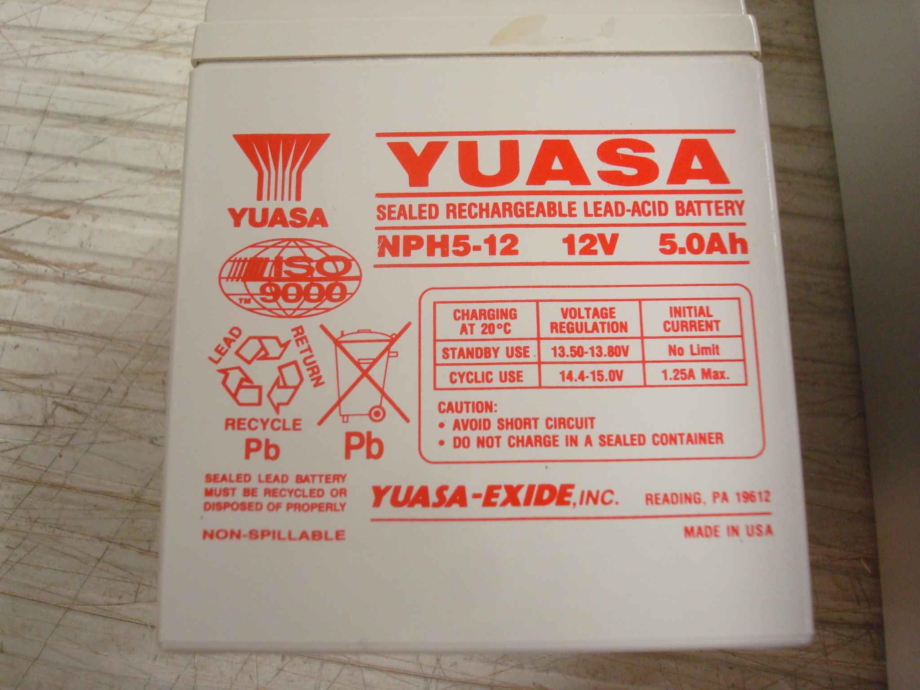 YUASA NPH5-12 12VDC 5.0AH BATTERY LEAD ACID 3.6X2.8X4 INCHES