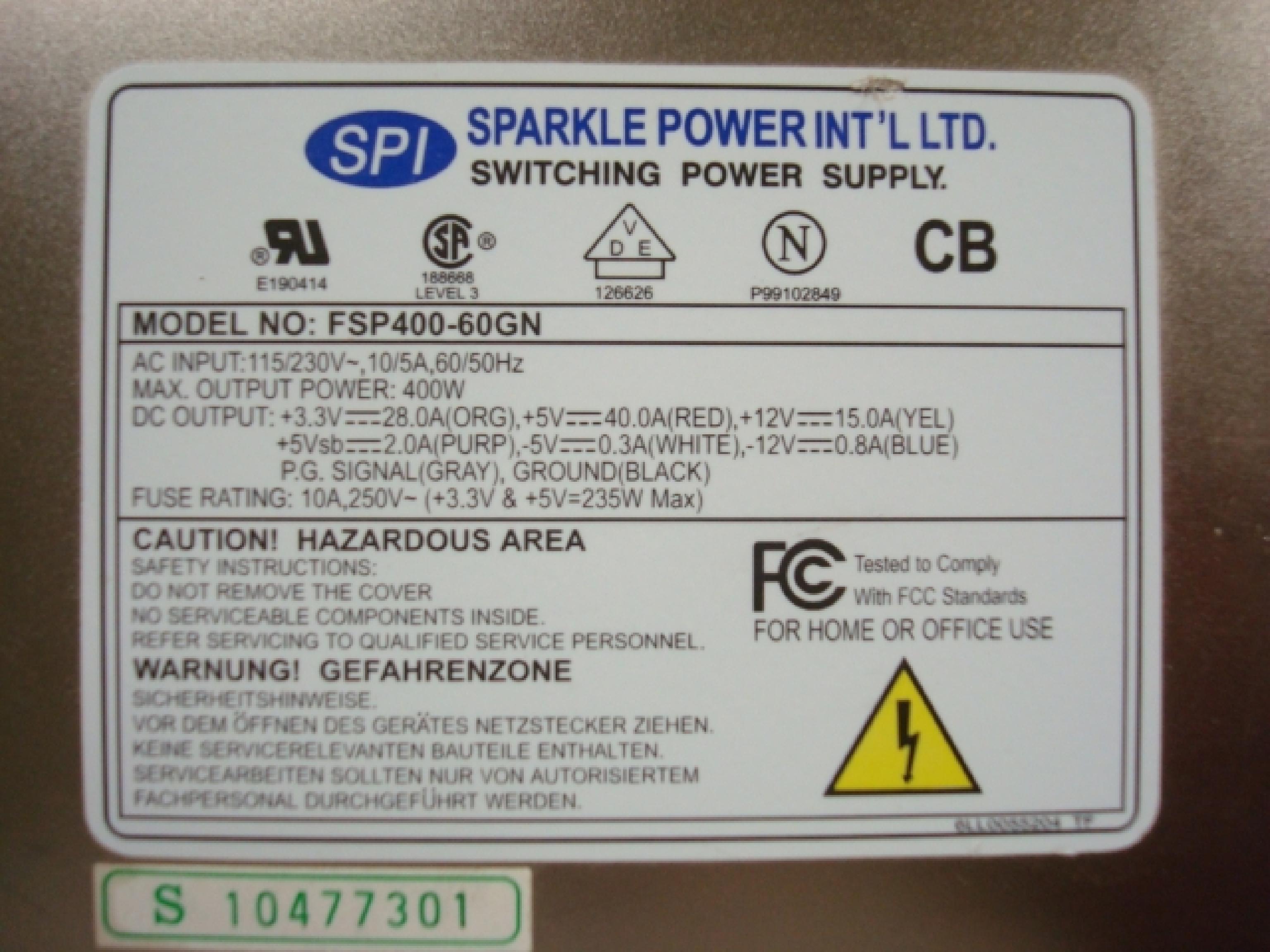 FSP GROUP / SPARKLE POWER INTL LTD / POWER MAN / YATE LOON / AOPEN / ACER FSP400-60GN 400W ATX POWR SUPPLY