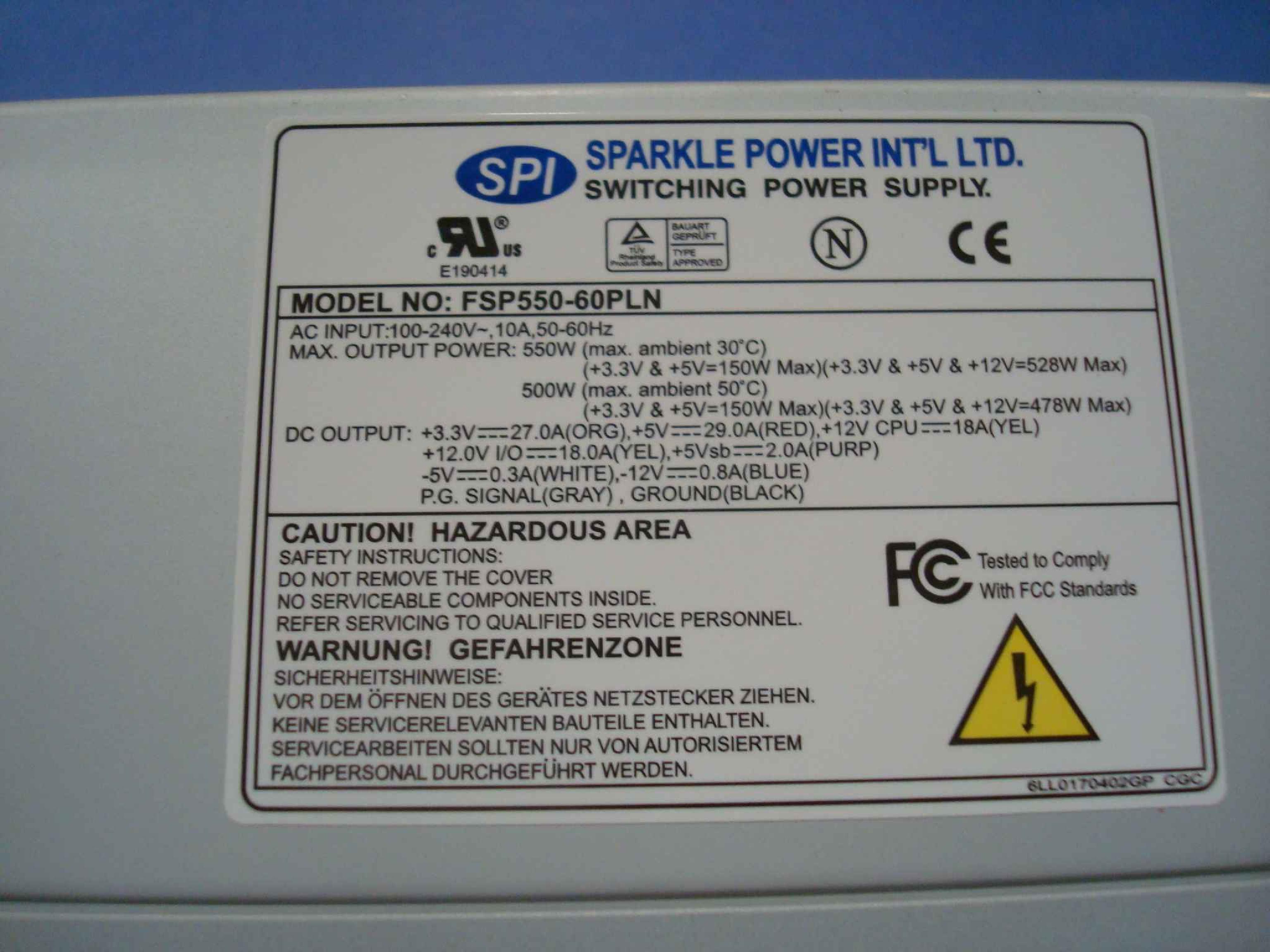 FSP GROUP / SPARKLE POWER INTL LTD / POWER MAN / YATE LOON / AOPEN / ACER 9PA5500218 550WATT ATX POWER SUPPLY 24PINATX 4PINATX 6PINATX SATA MOLEX BERG