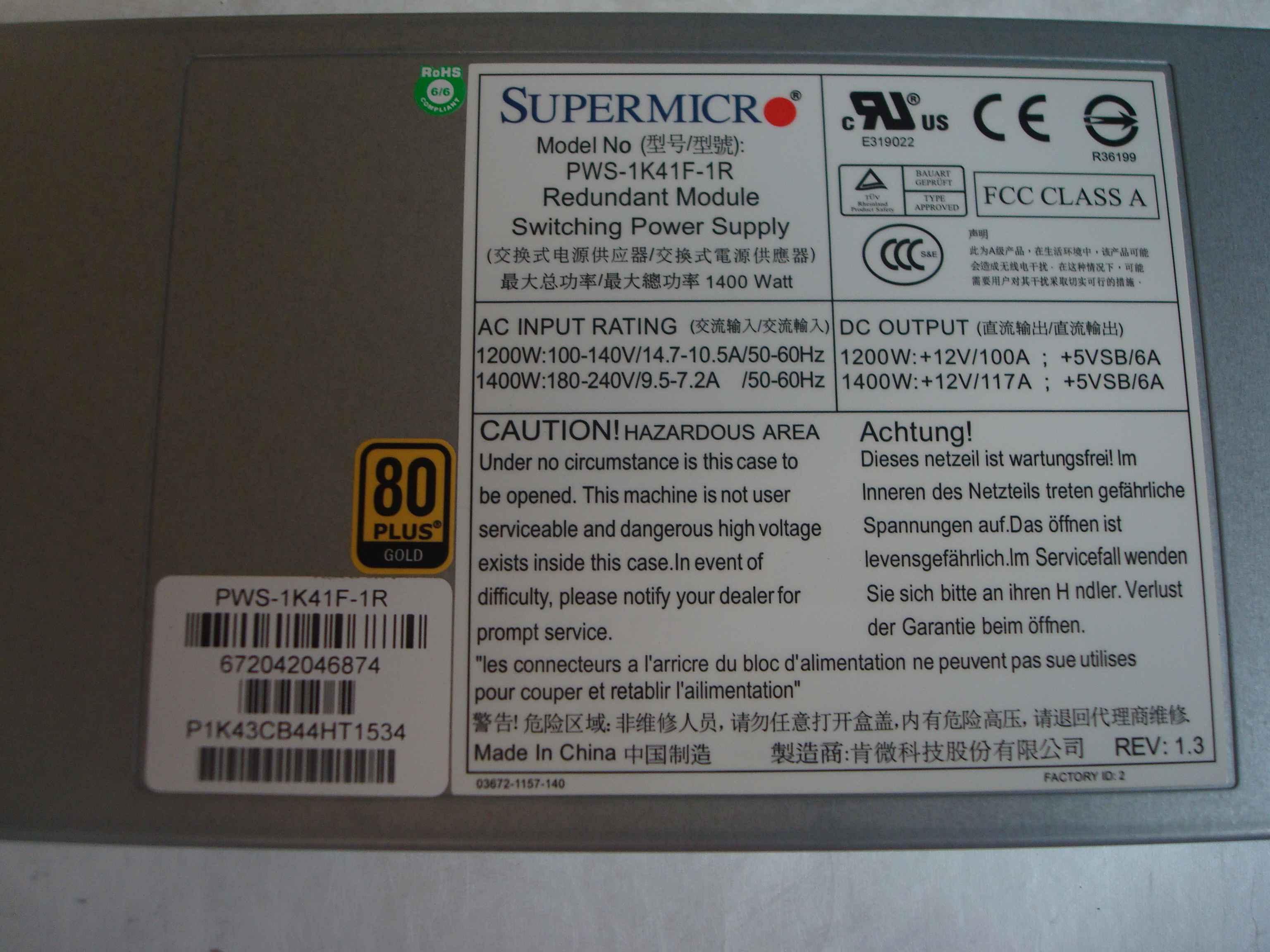 SUPERMICRO PWS-1K41F-1R HOT SWAP POWER SUPPLY 1U