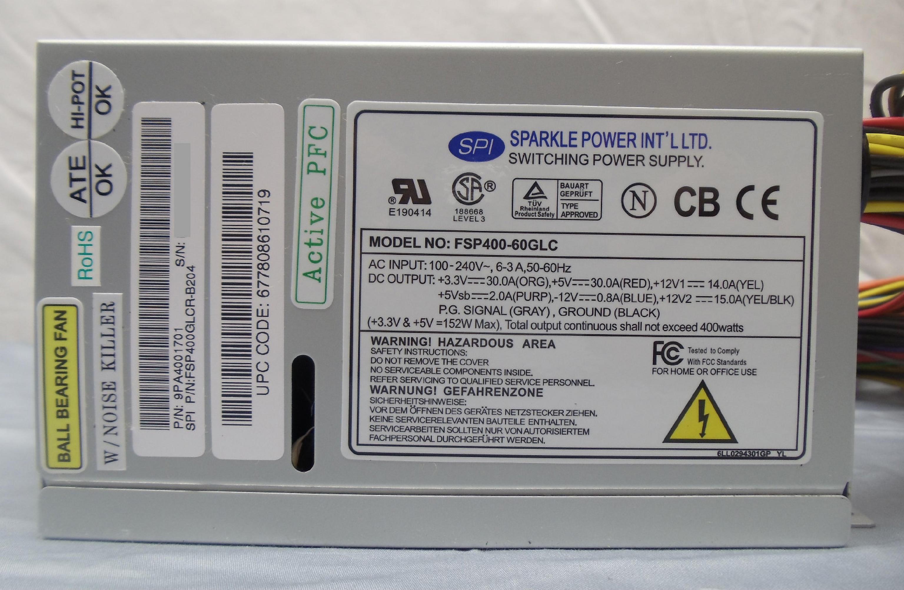 FSP GROUP / SPARKLE POWER INTL LTD / POWER MAN / YATE LOON / AOPEN / ACER 400GLCR-OE2 ATX POWER SUPPLY