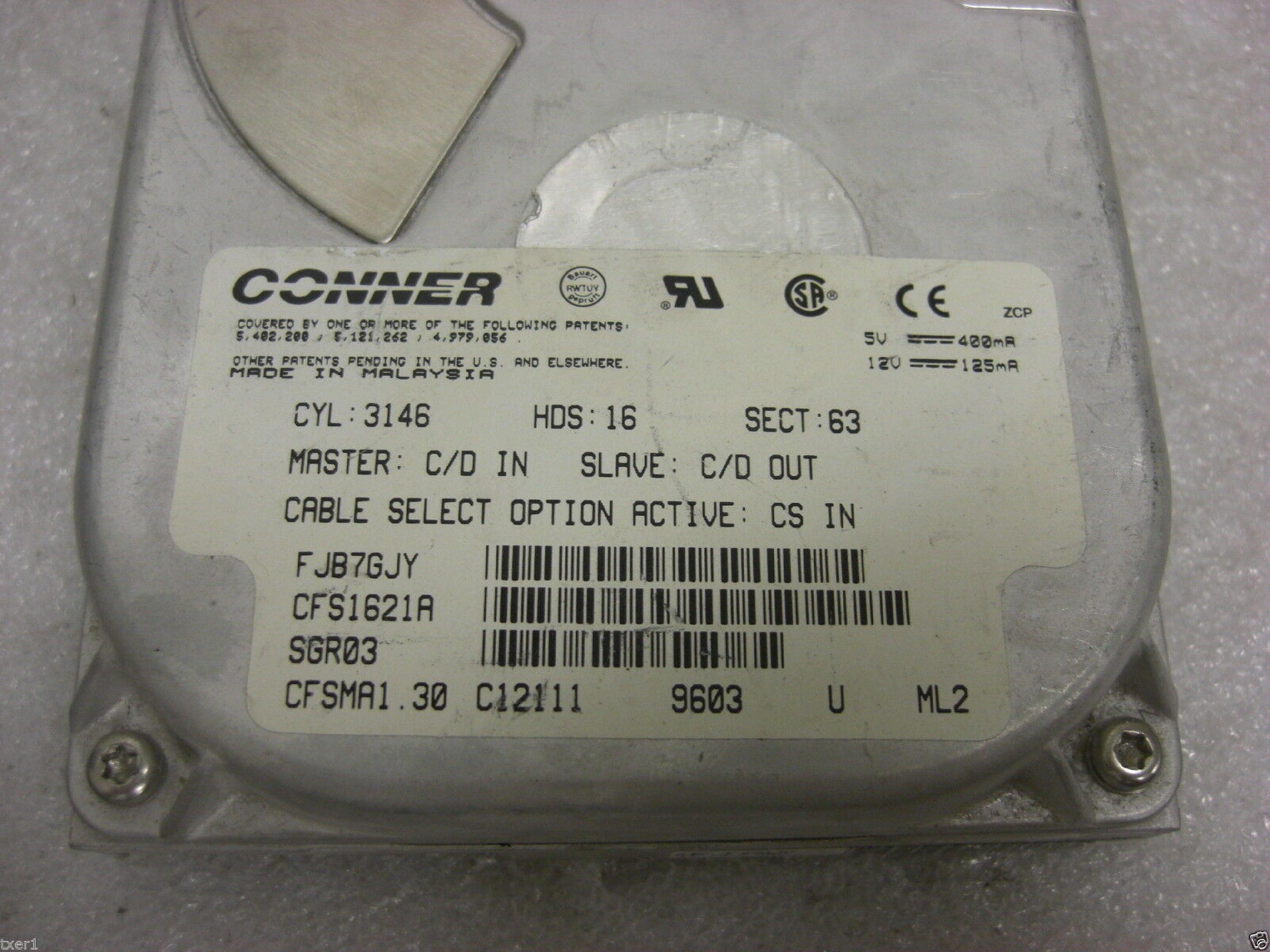 CONNER / SEAGATE / PACKARD BELL / SEAGATE CFS1621A FACTORY REFURBISHED 1.6GB IDE DRIVE AT 3.5 INCH HARD