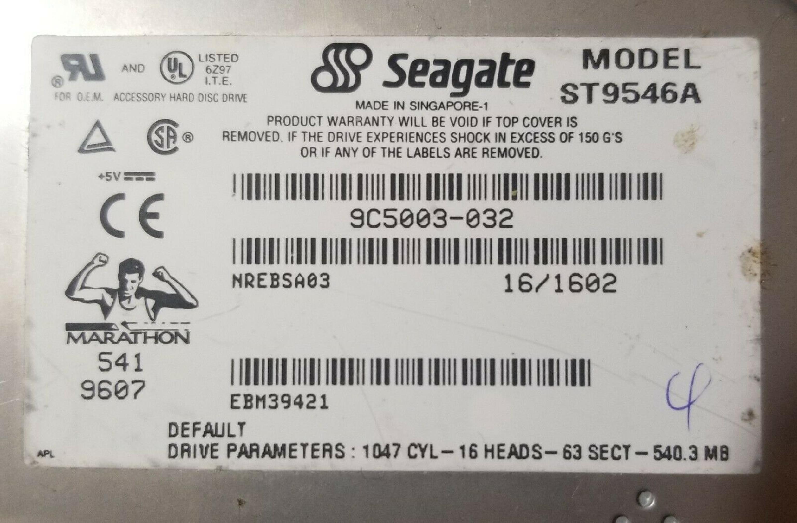 SEAGATE ST9546A 540MB IDE 2.5 17MM FACTORY REFURBISHED