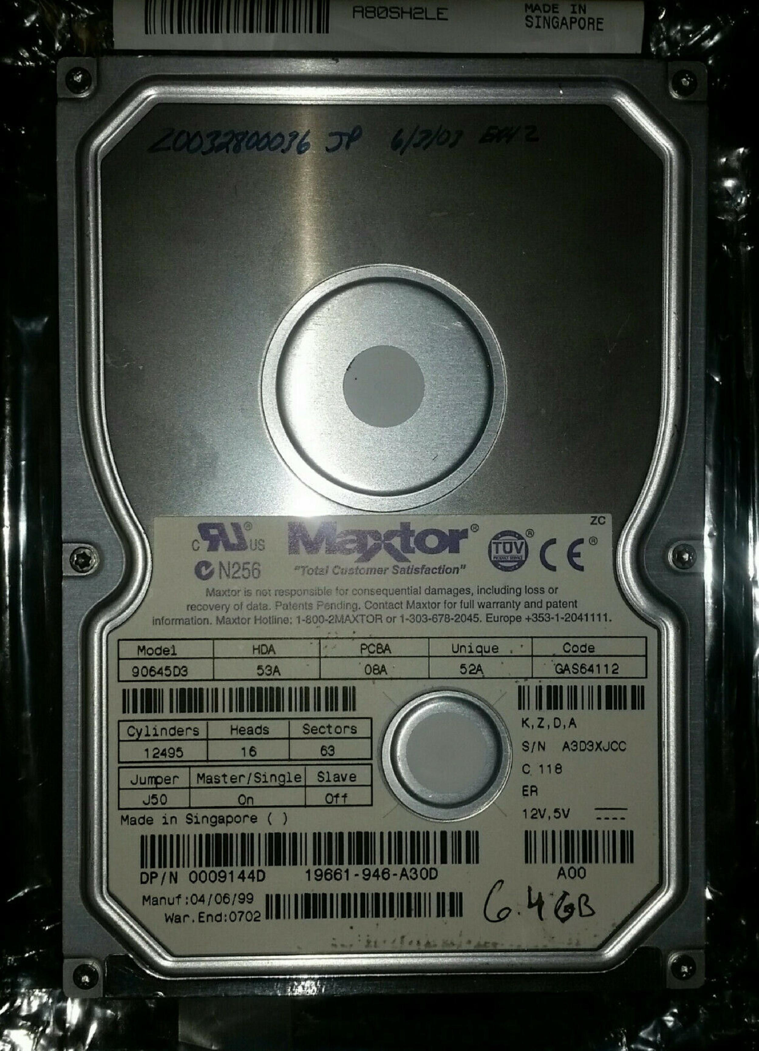 MAXTOR 90645D3 HD IDE 6.4GB 3.5INCH DRIVE 05/12/99 HDA 53A PCBA 08A UNIQUE 52A GAS64112