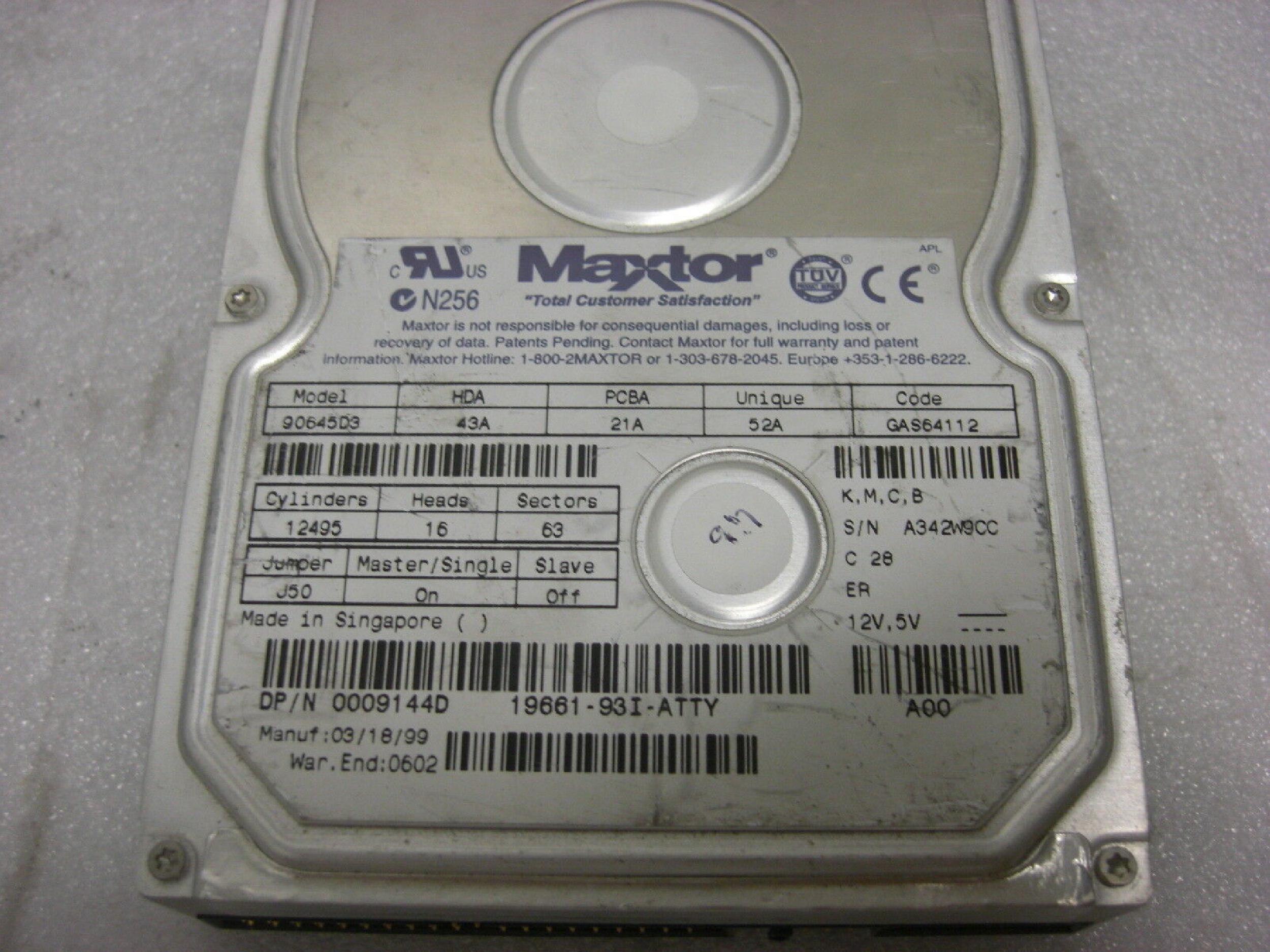 MAXTOR 90645D3 HD IDE 6.4GB 3.5INCH DRIVE 05/12/99 HDA 53A PCBA 08A UNIQUE 52A GAS64112