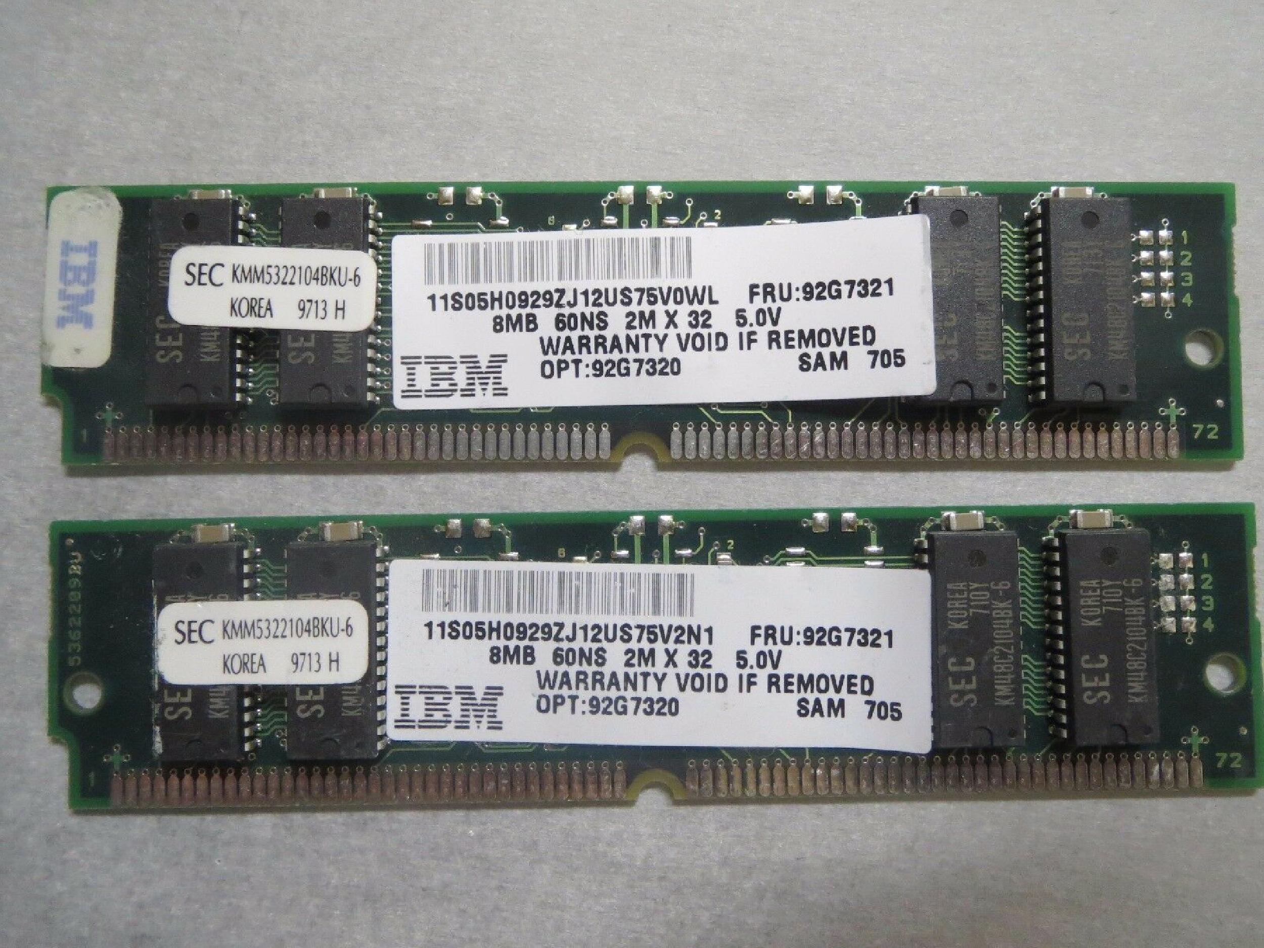 IBM 92G7320 2X32 8MB TIN LEADS 60NSEC EDO KIT OF 2 72PIN TINLEAF SIMM 60NS 2M X 32