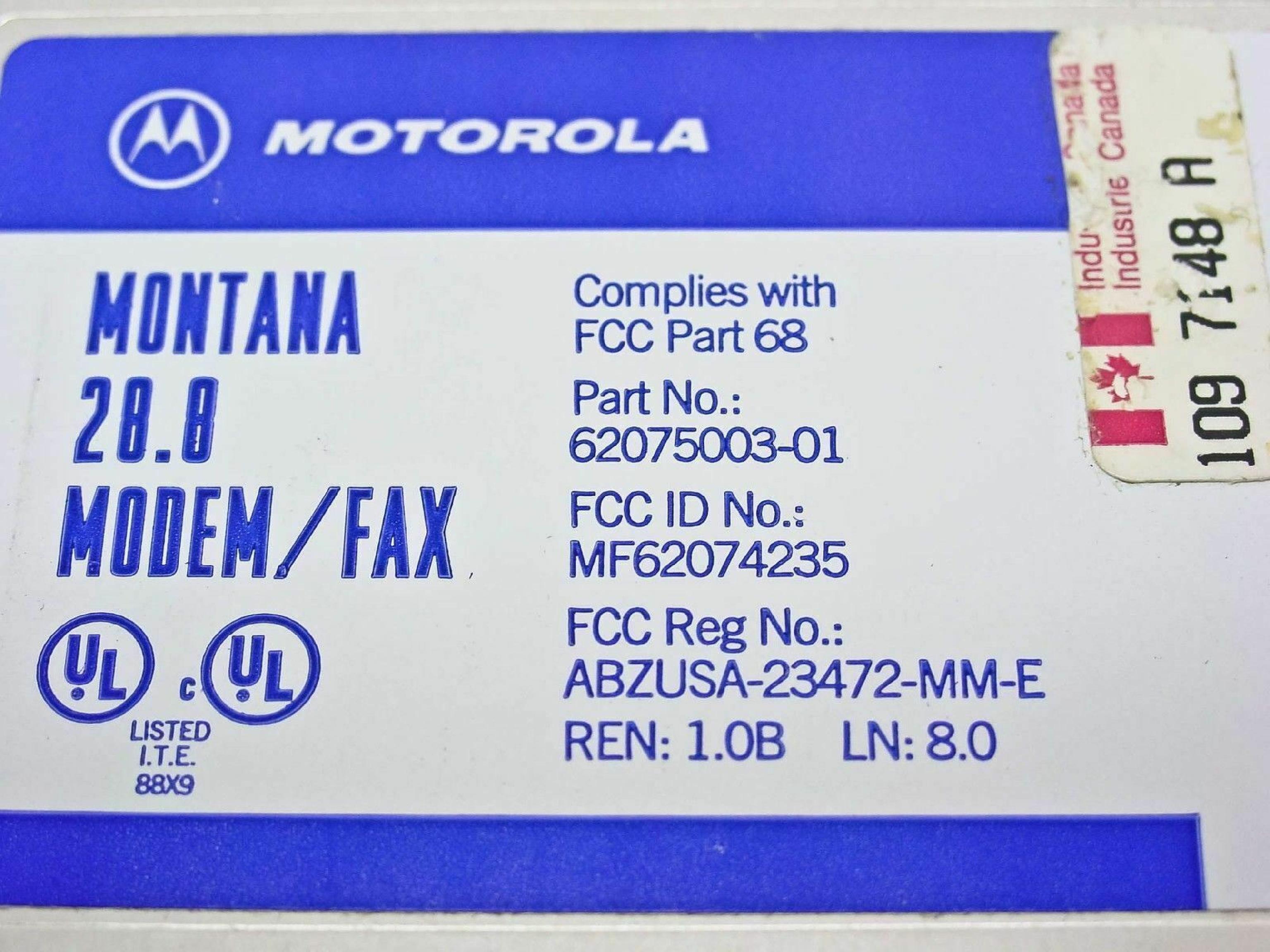 MOTOROLA 62075003-01 28.8 MODEM/FAX W/CELLULAR MONTANA CABLE ACCESSIBLE